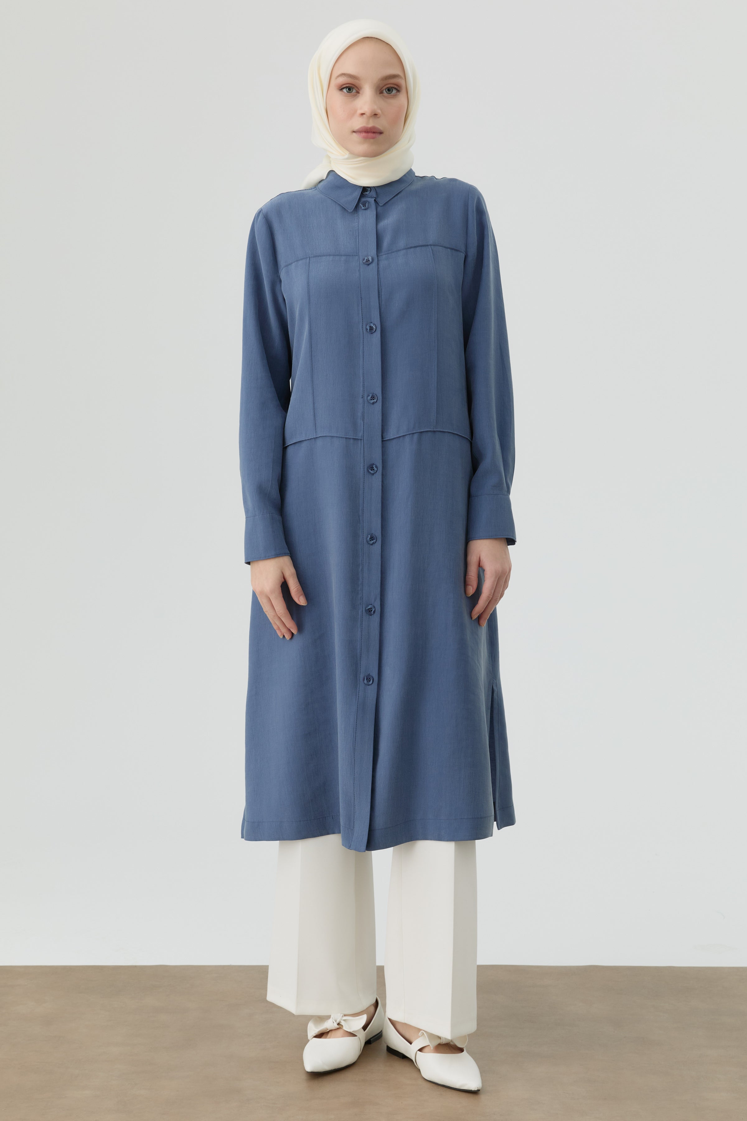 Nervür Kesikli Uzun Tunik - İndigo TUGBA