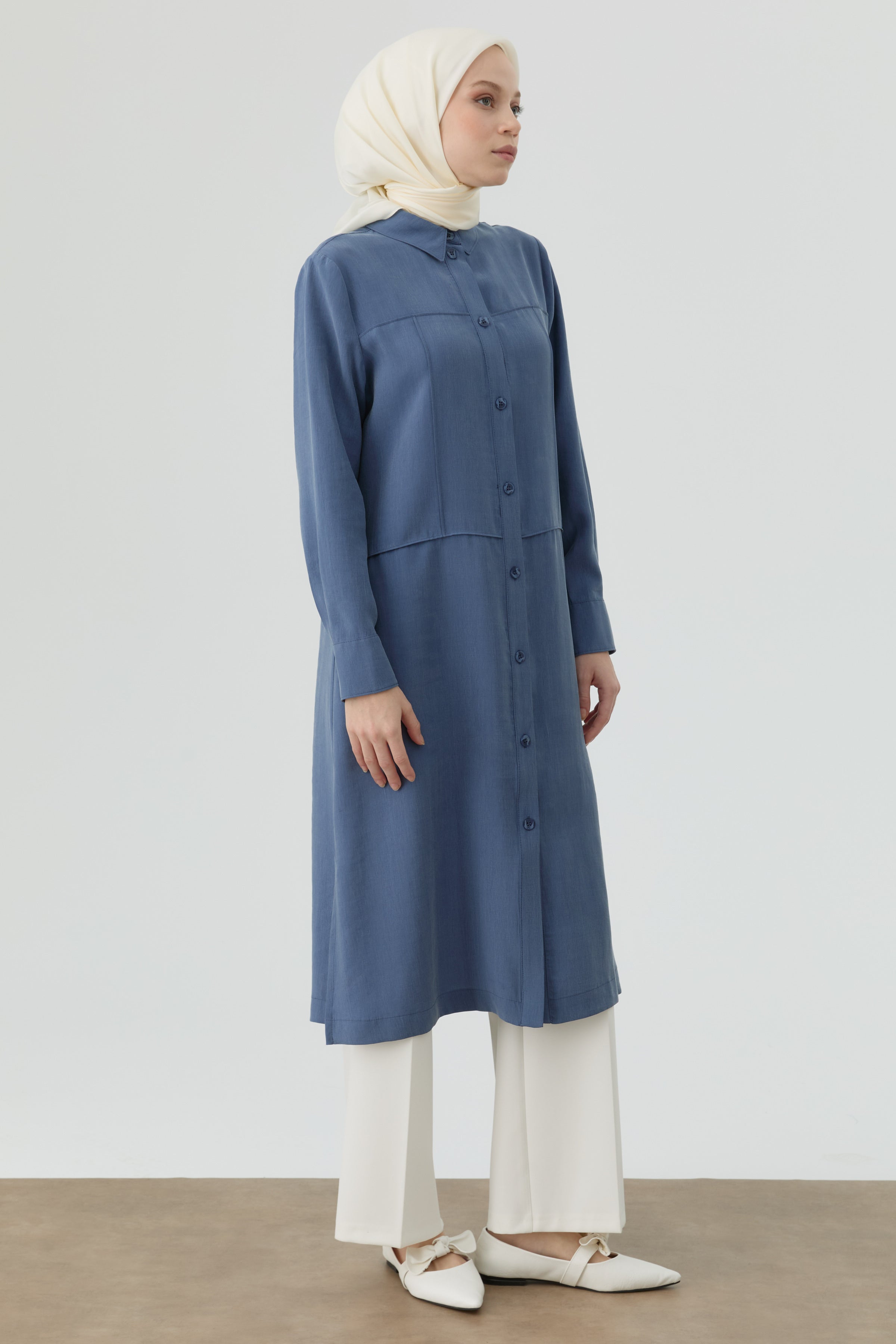 Nervür Kesikli Uzun Tunik - İndigo TUGBA