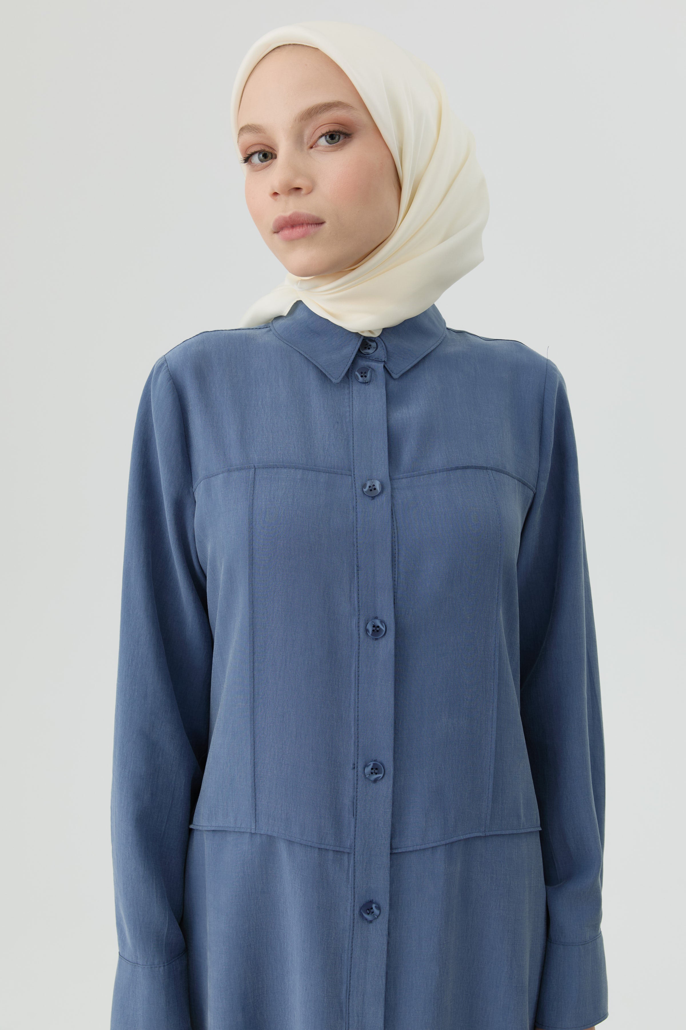 Nervür Kesikli Uzun Tunik - İndigo TUGBA