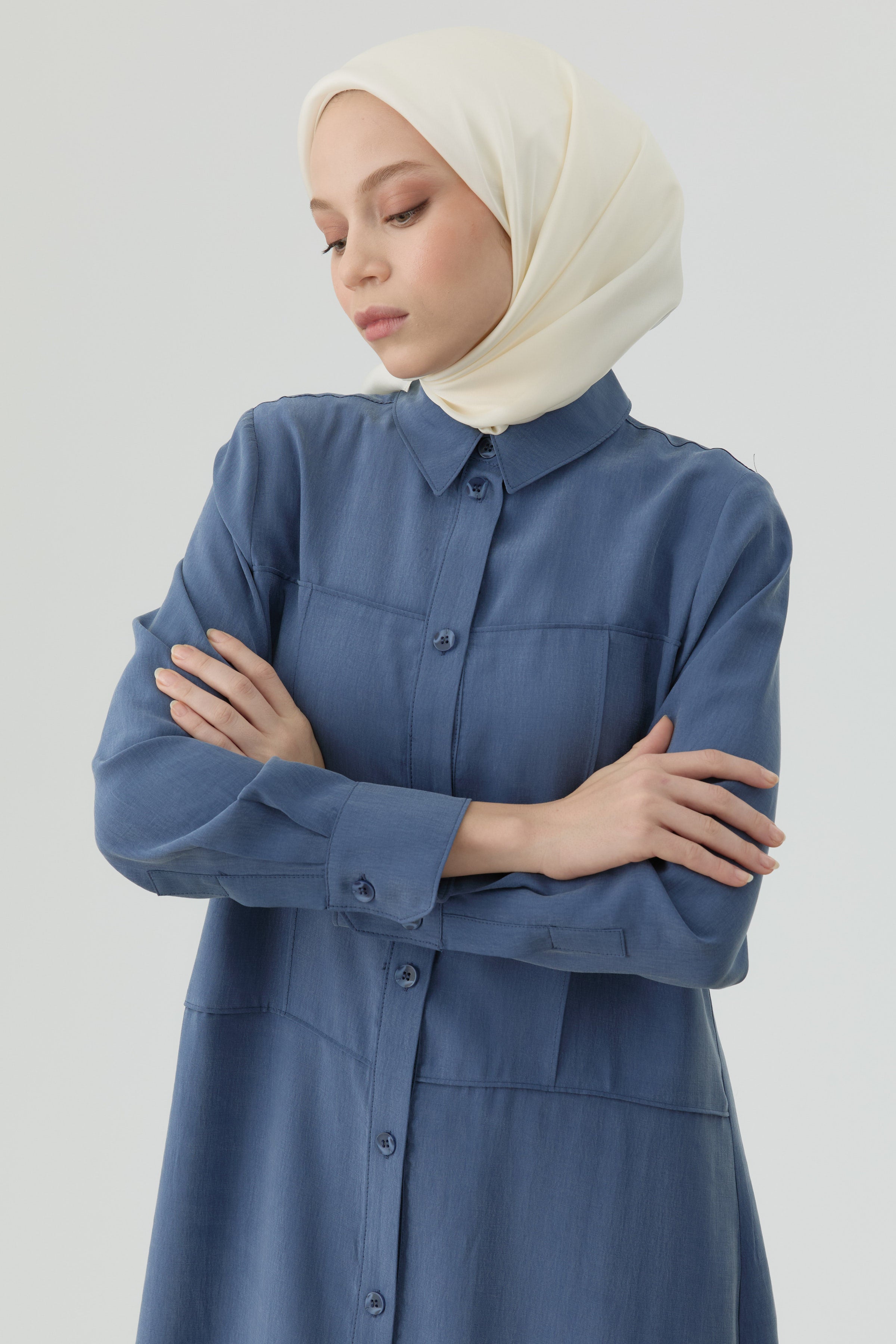 Nervür Kesikli Uzun Tunik - İndigo TUGBA