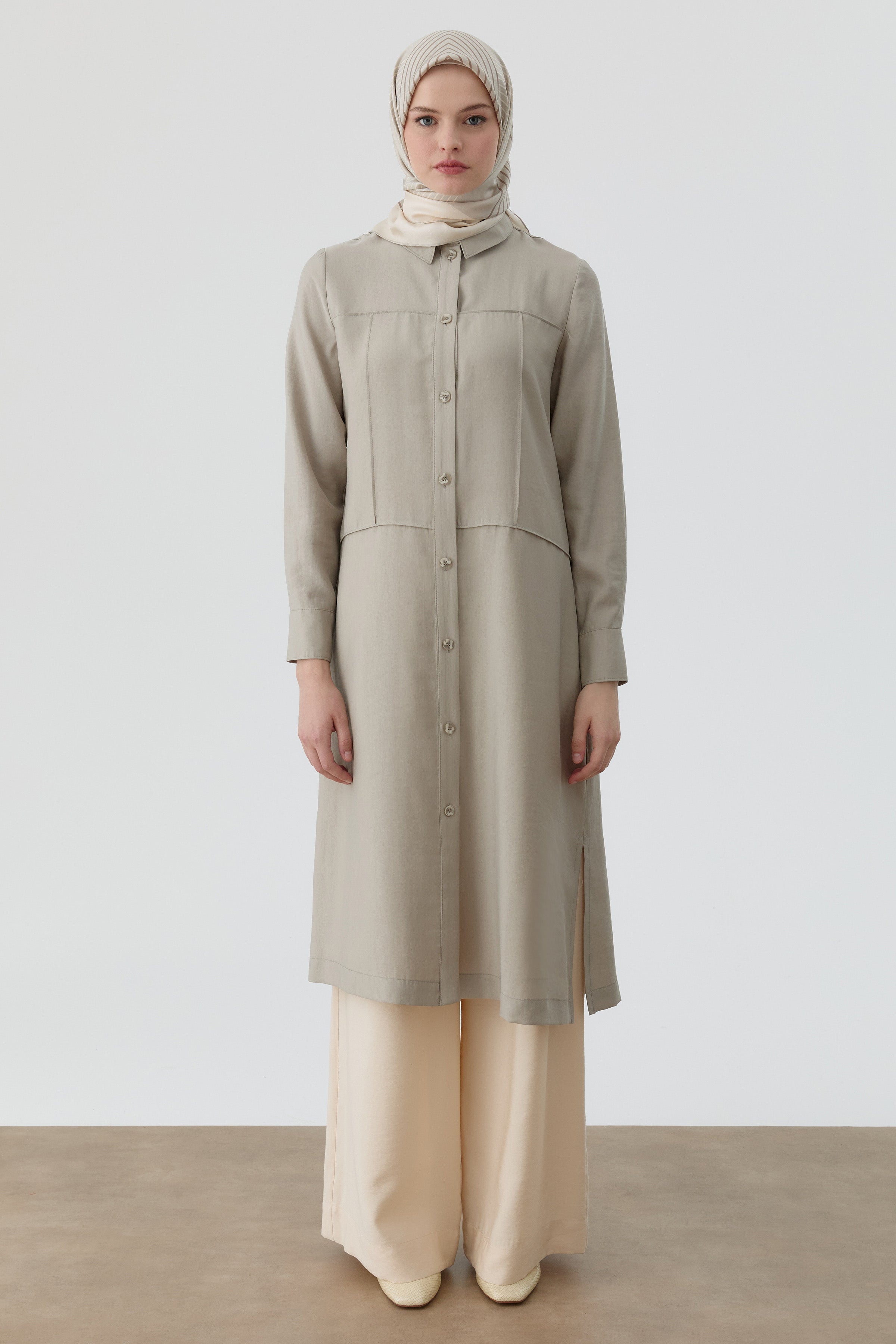 Nervür Kesikli Uzun Tunik - Taş TUGBA