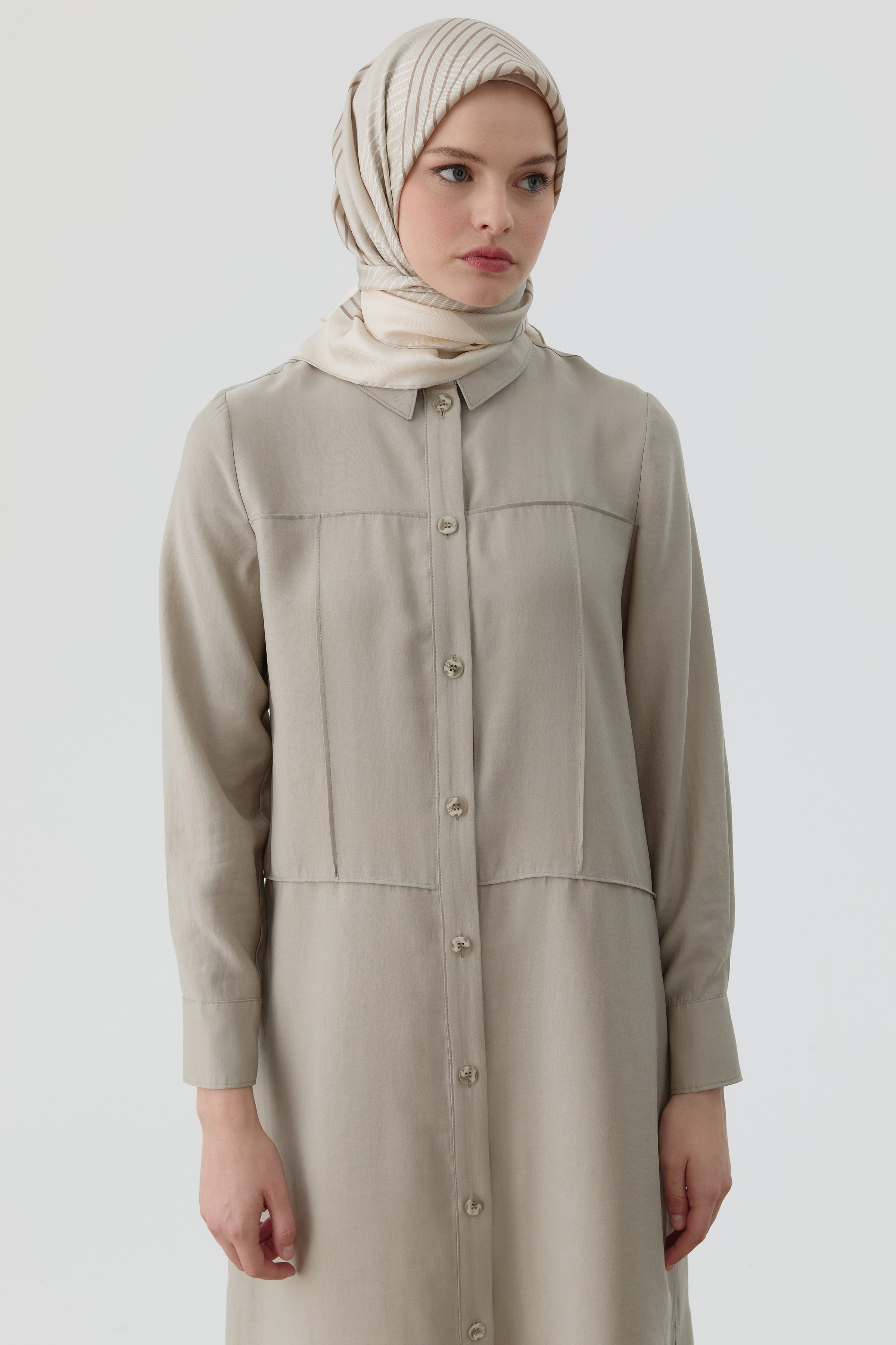 Nervür Kesikli Uzun Tunik - Taş TUGBA