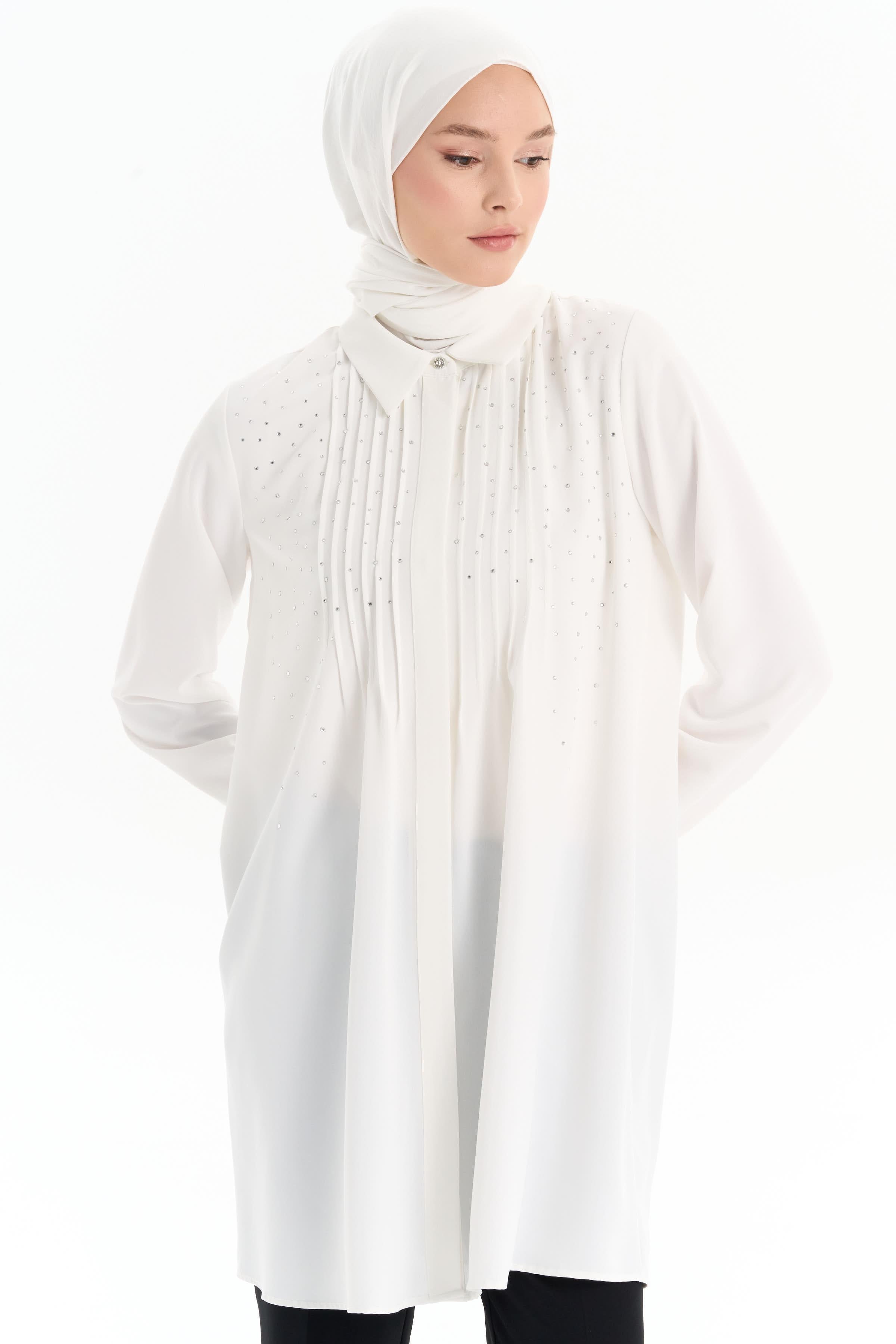 Nervürlü Taş Yapıştırmalı Tunik - Ekru TUGBA