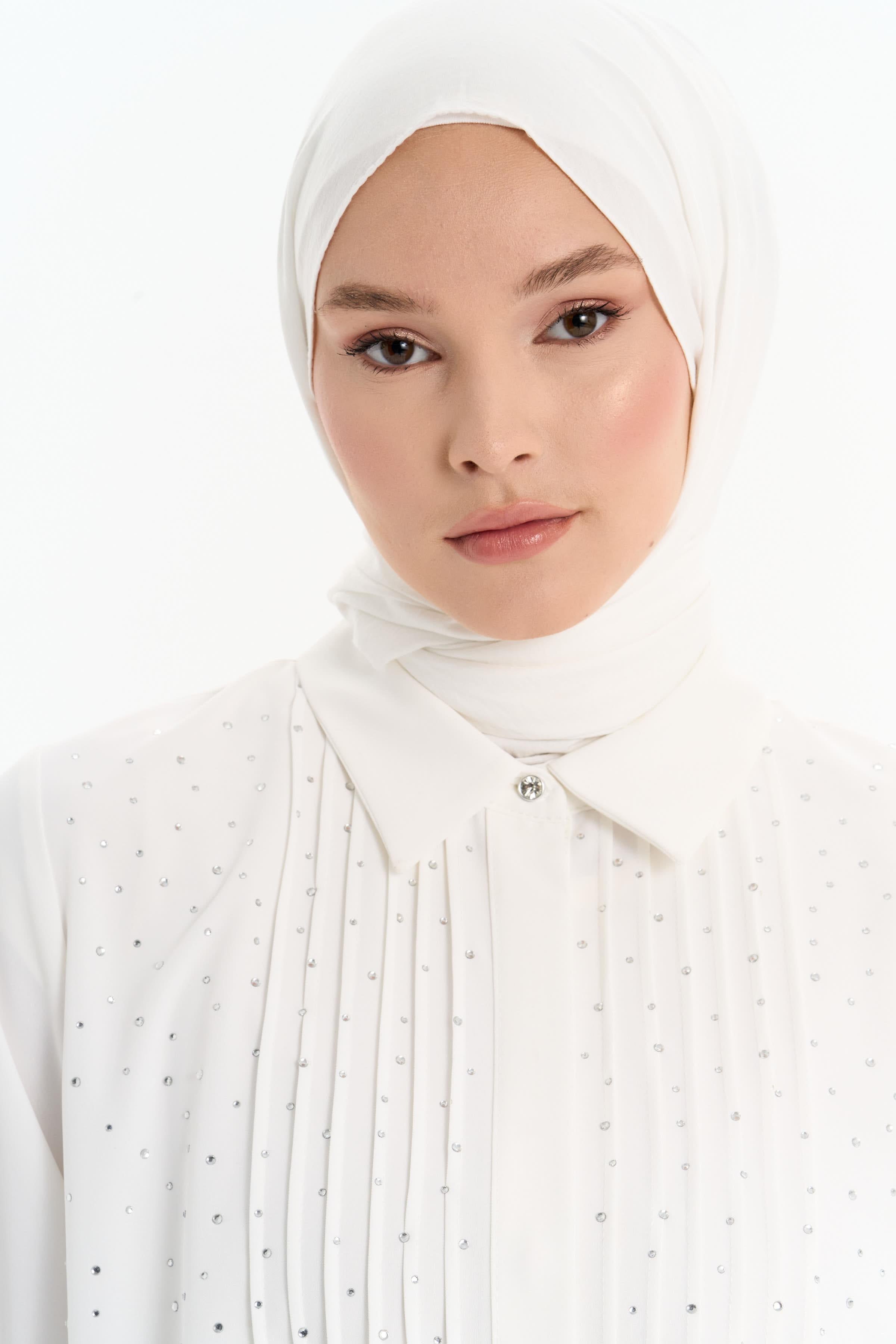 Nervürlü Taş Yapıştırmalı Tunik - Ekru TUGBA