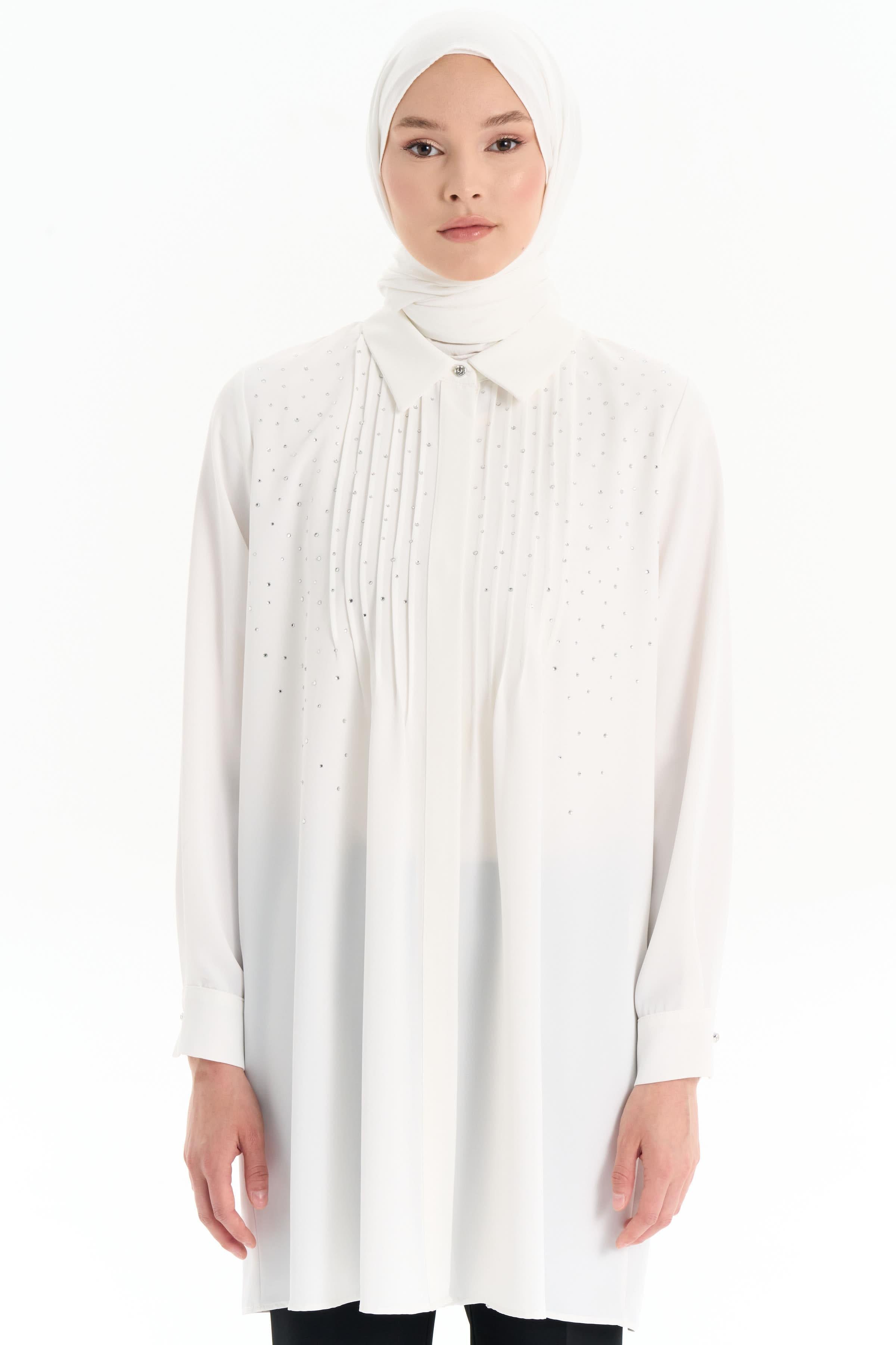 Nervürlü Taş Yapıştırmalı Tunik - Ekru TUGBA