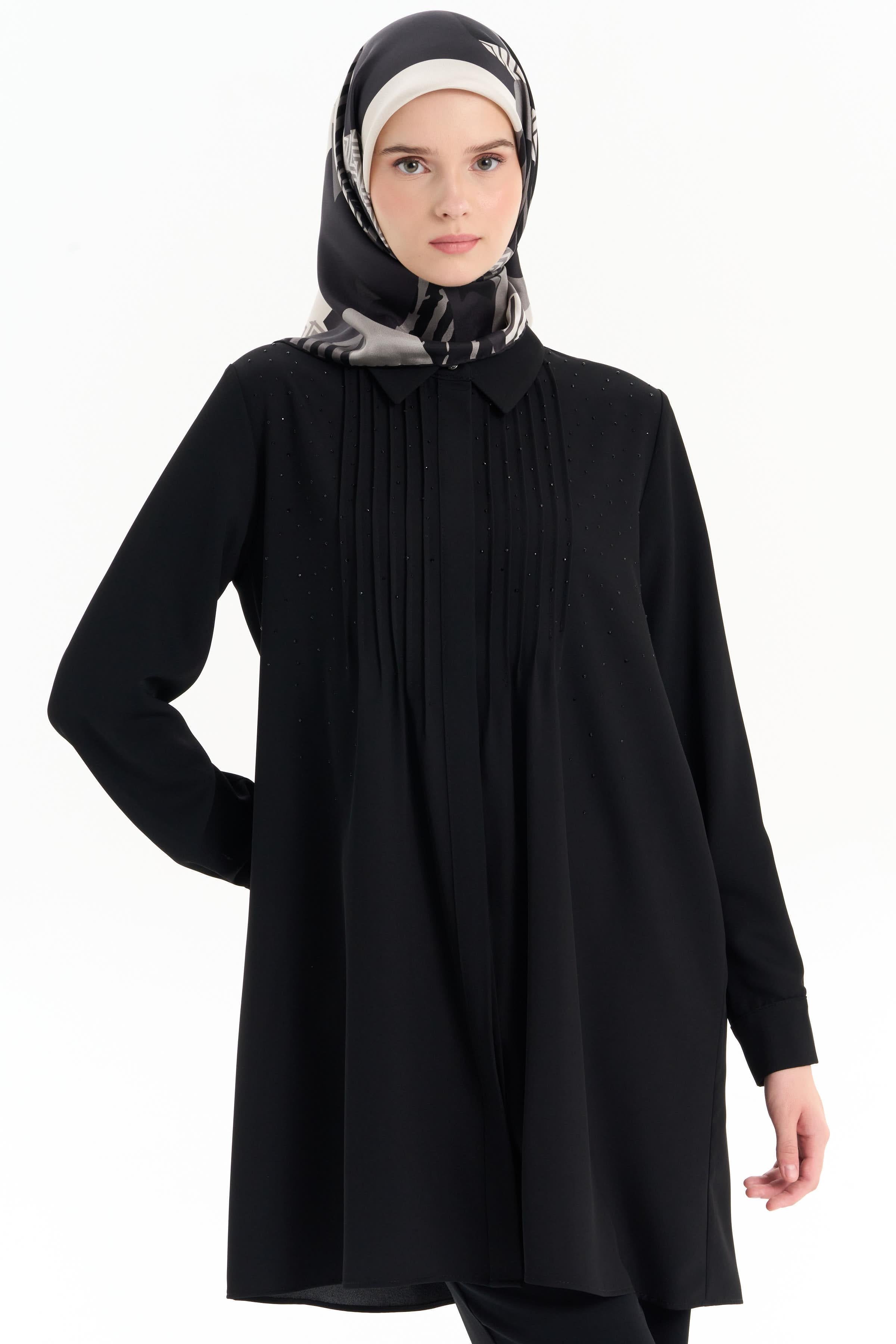 Nervürlü Taş Yapıştırmalı Tunik - Siyah TUGBA