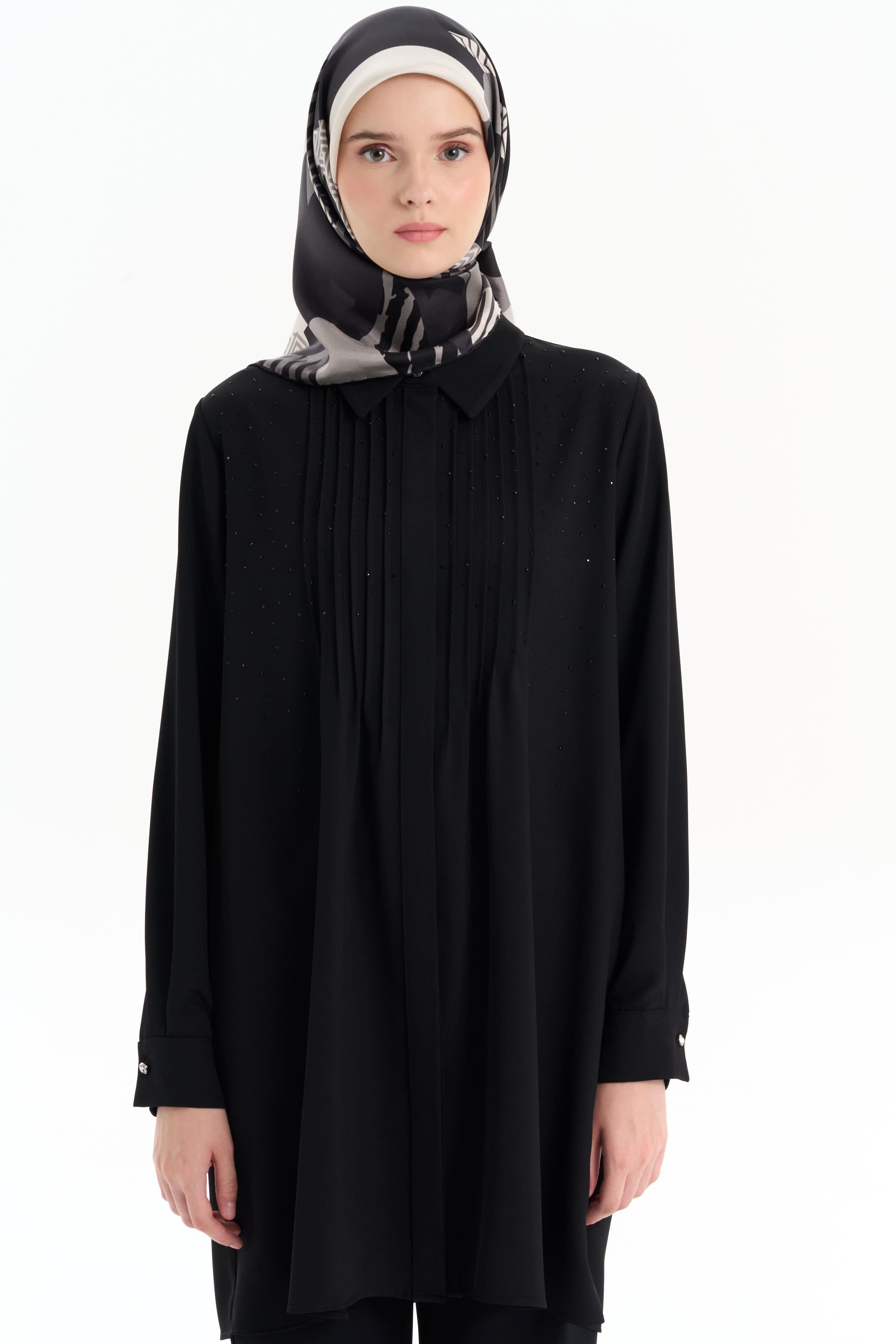 Nervürlü Taş Yapıştırmalı Tunik - Siyah TUGBA