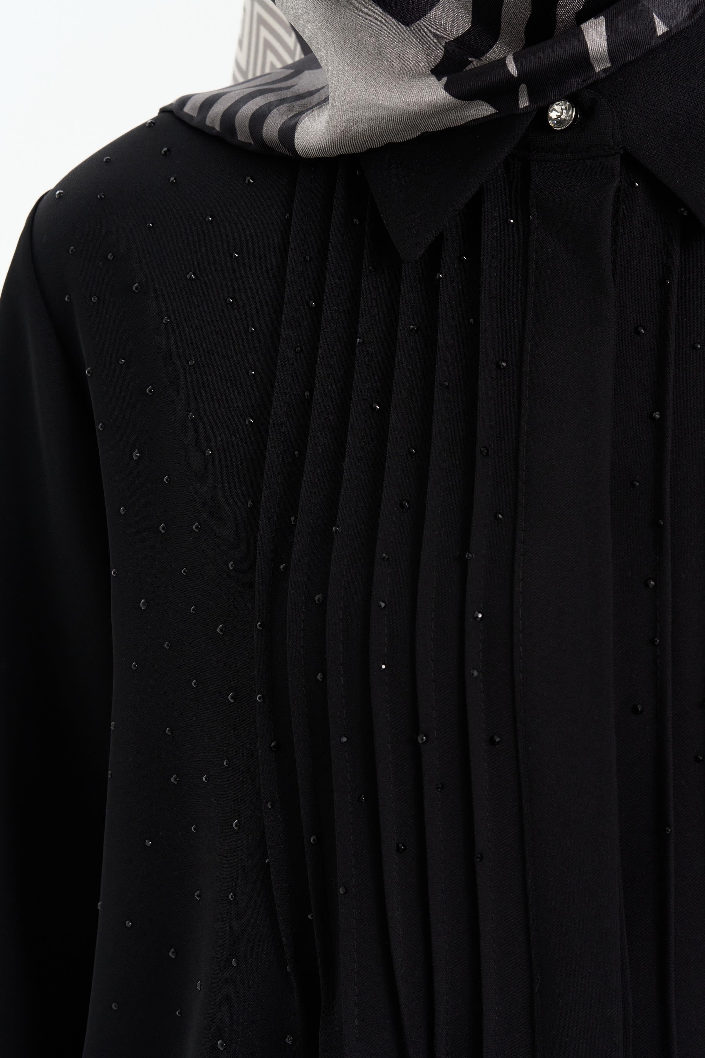 Nervürlü Taş Yapıştırmalı Tunik - Siyah TUGBA