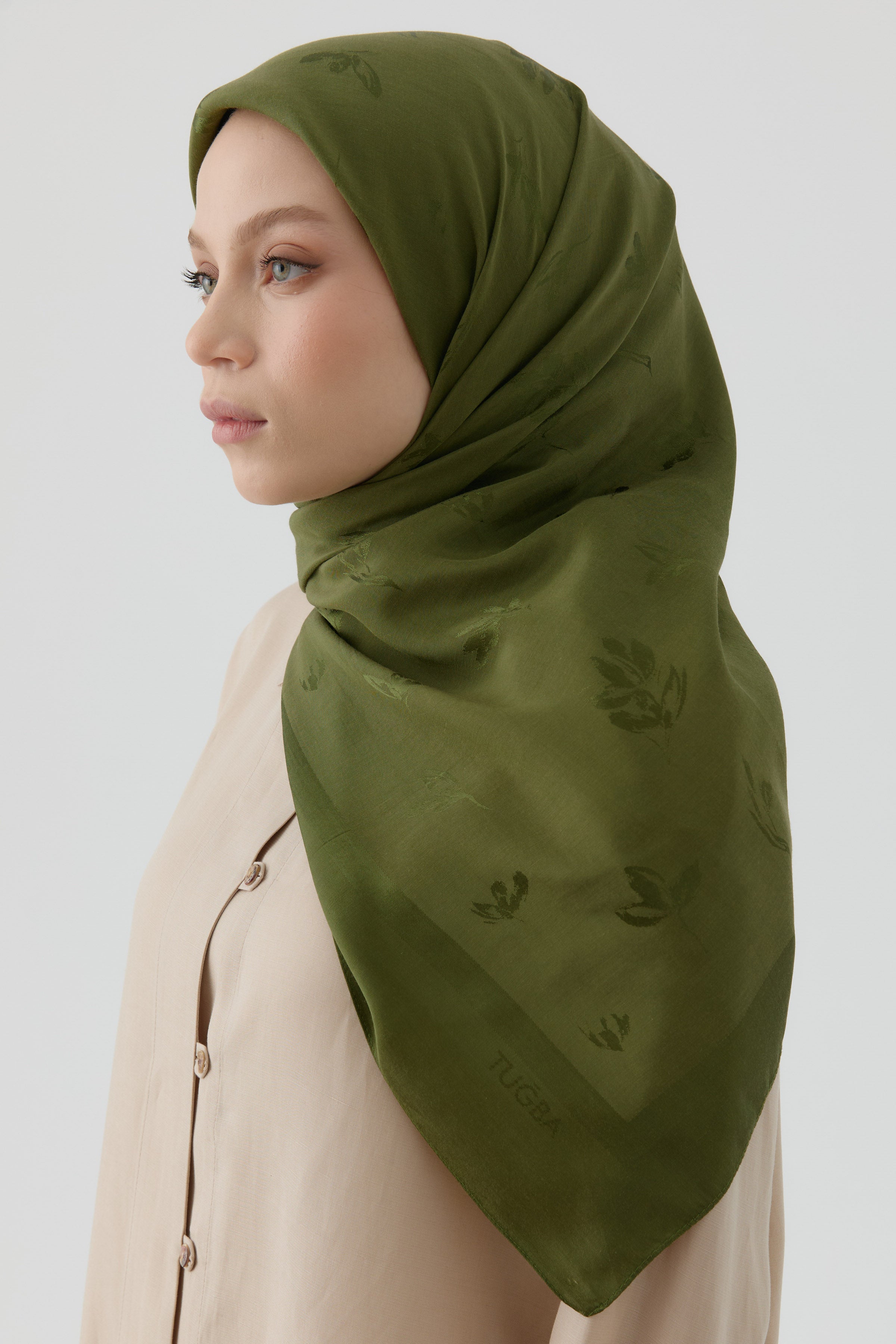 Buket Jakar Naturel Eşarp - Haki TUGBA