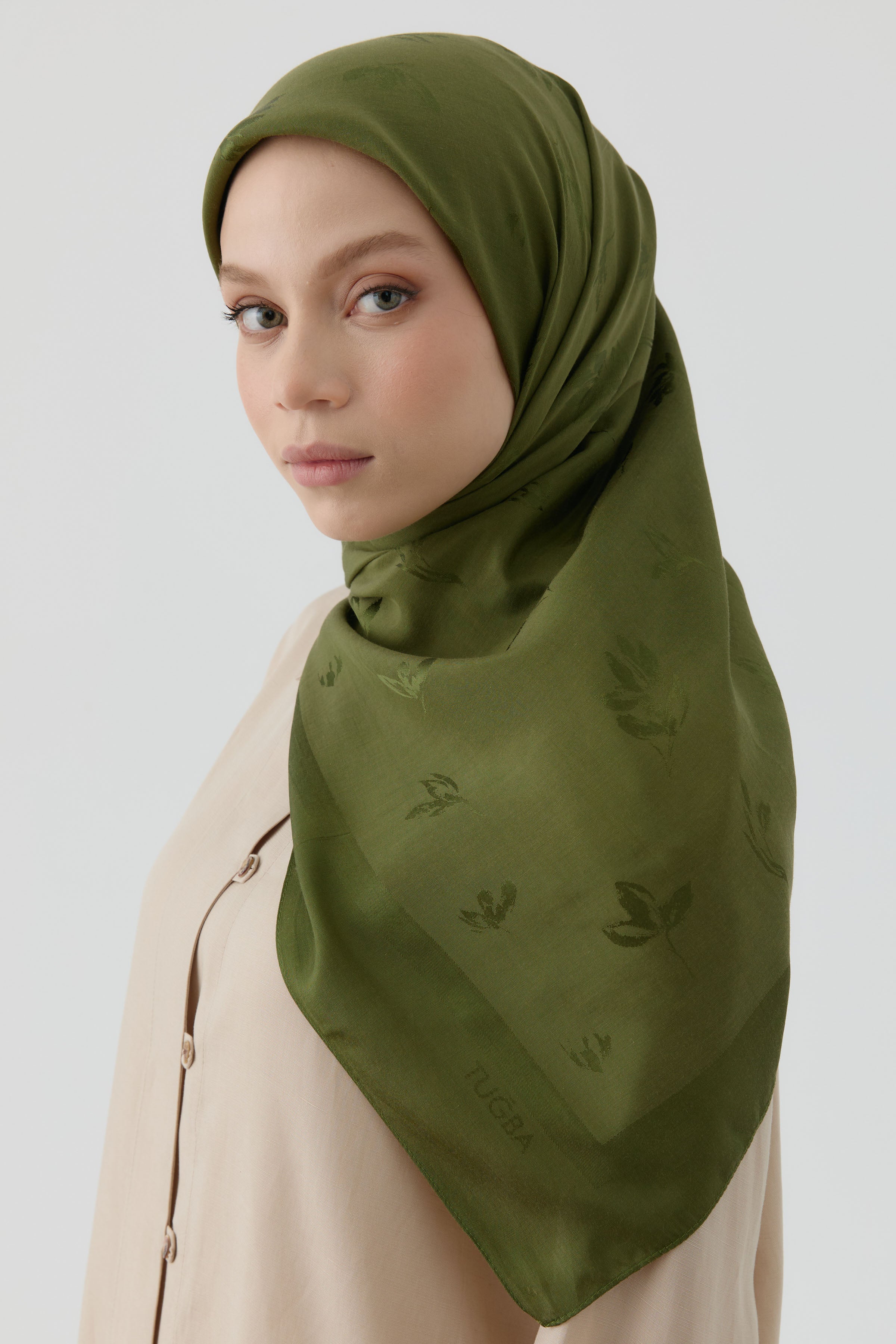 Buket Jakar Naturel Eşarp - Haki TUGBA