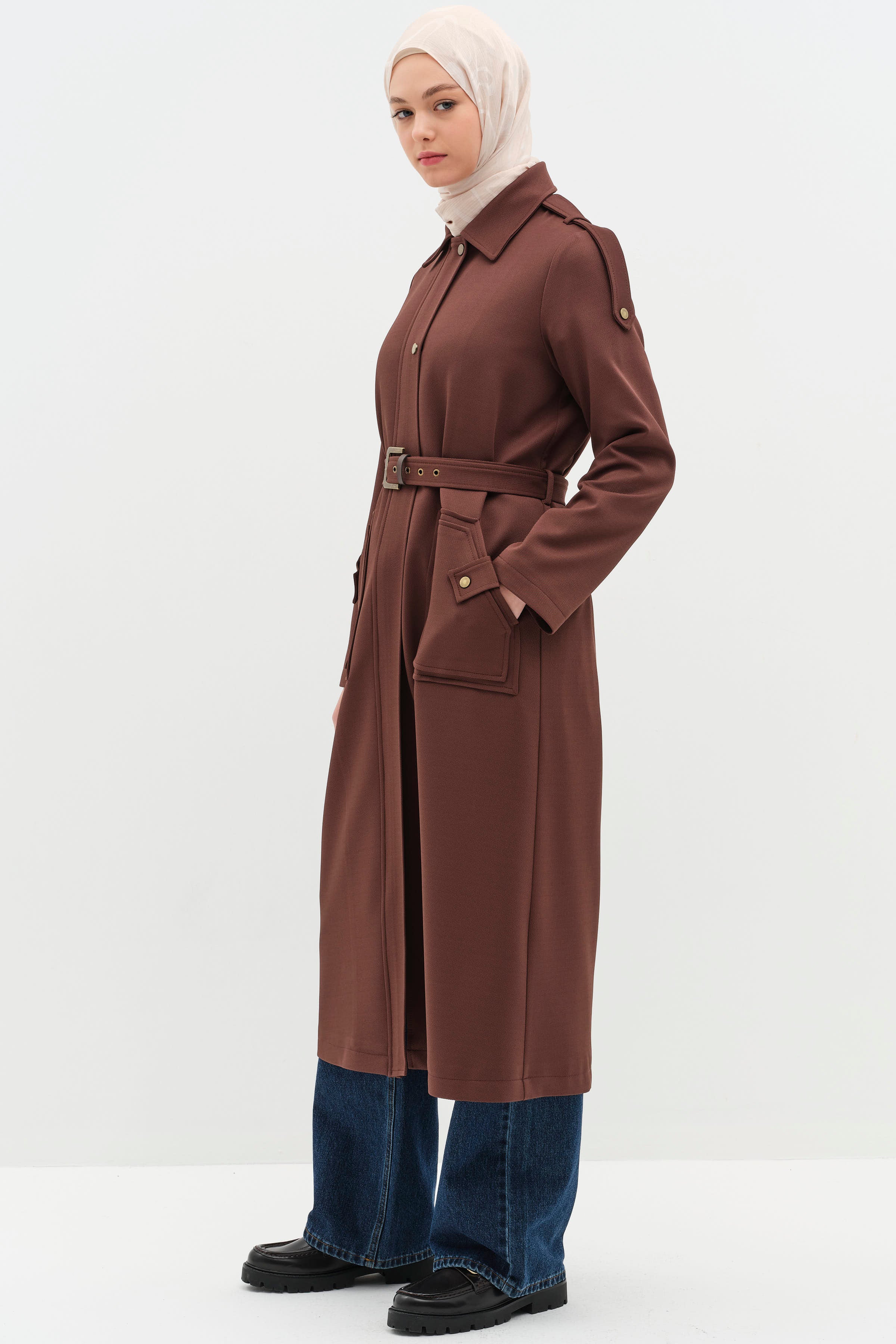Omuz Bantlı Cep Detaylı Pardesü - Acı Kahve TUGBA