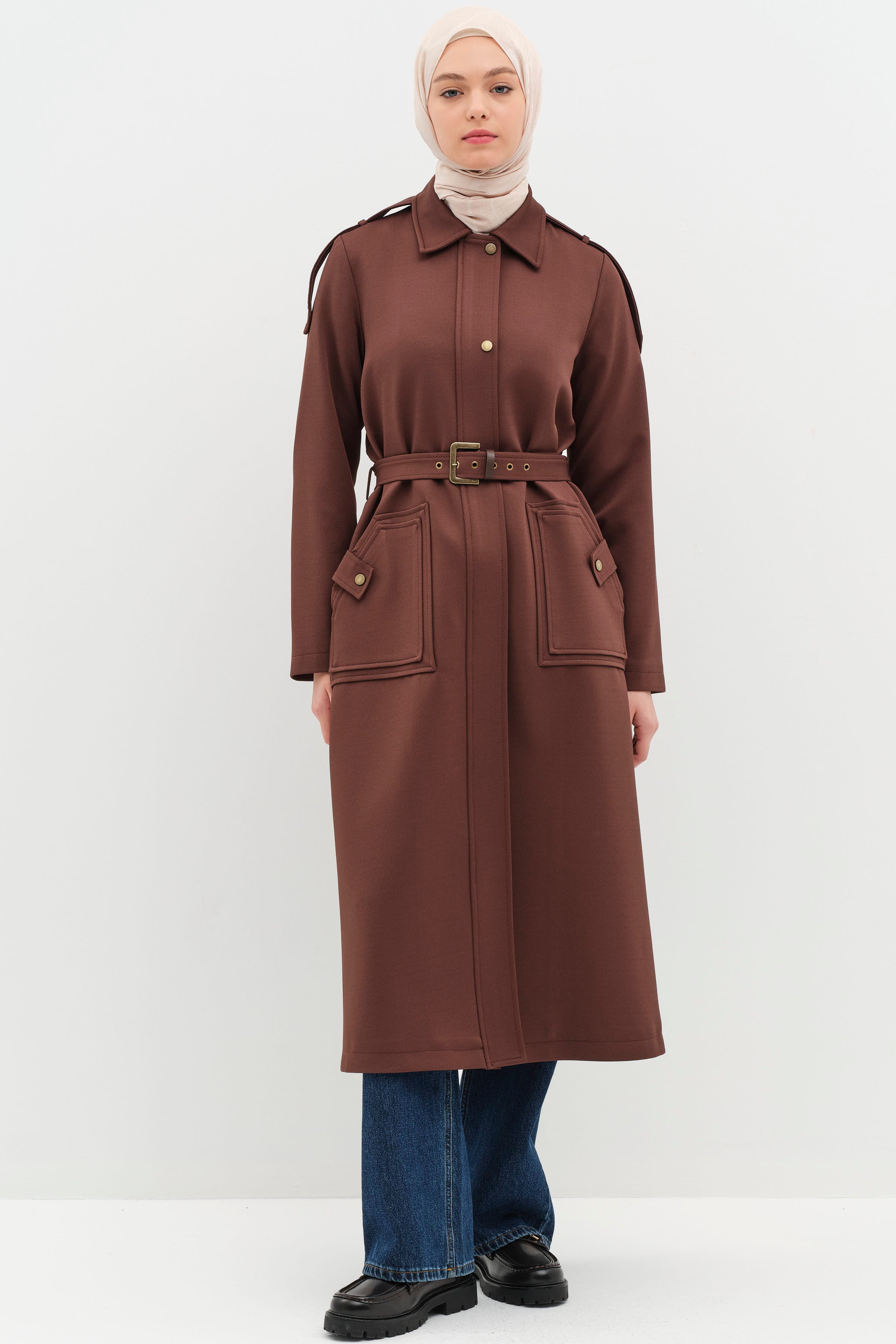 Omuz Bantlı Cep Detaylı Pardesü - Acı Kahve TUGBA