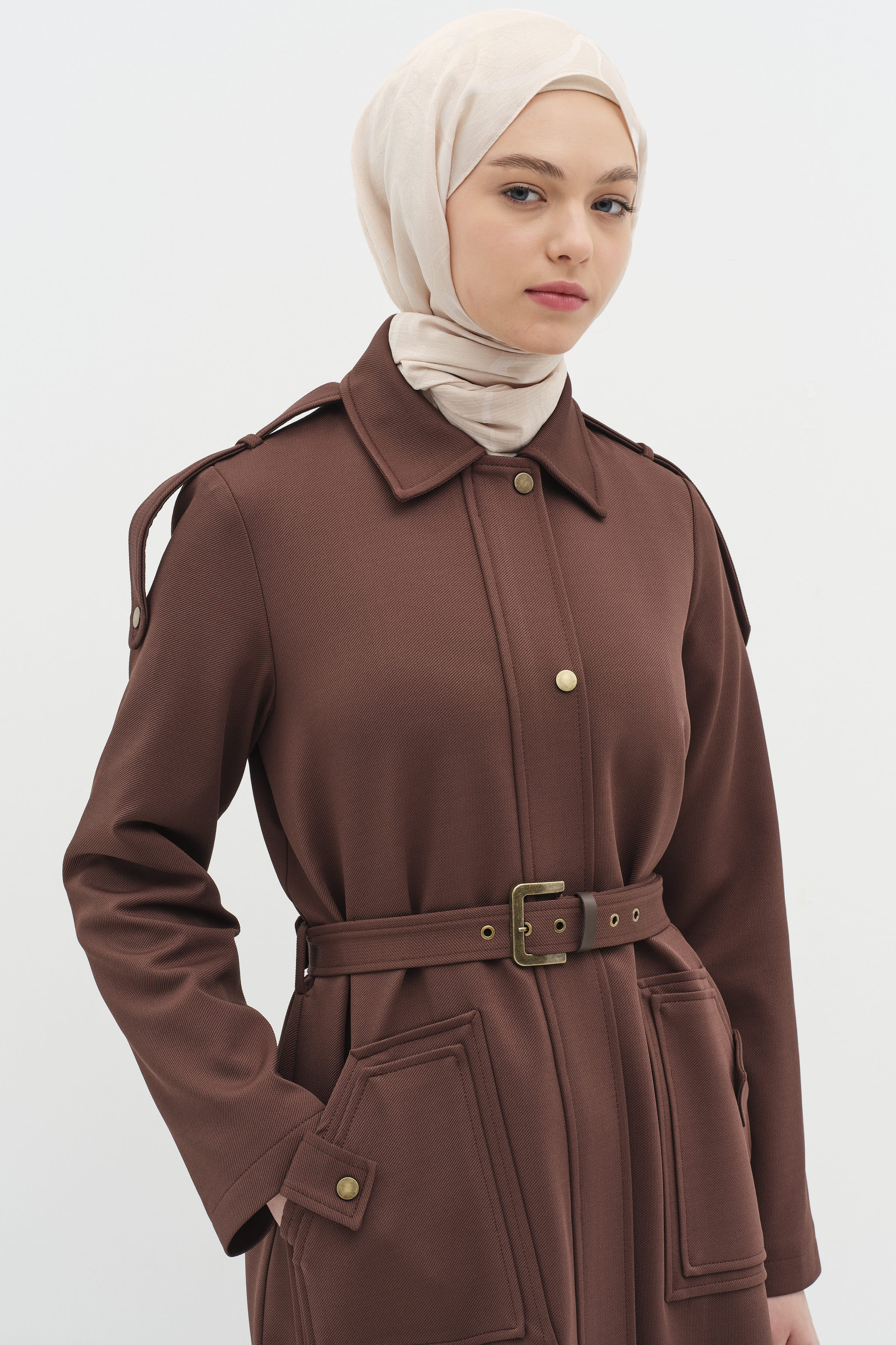 Omuz Bantlı Cep Detaylı Pardesü - Acı Kahve TUGBA