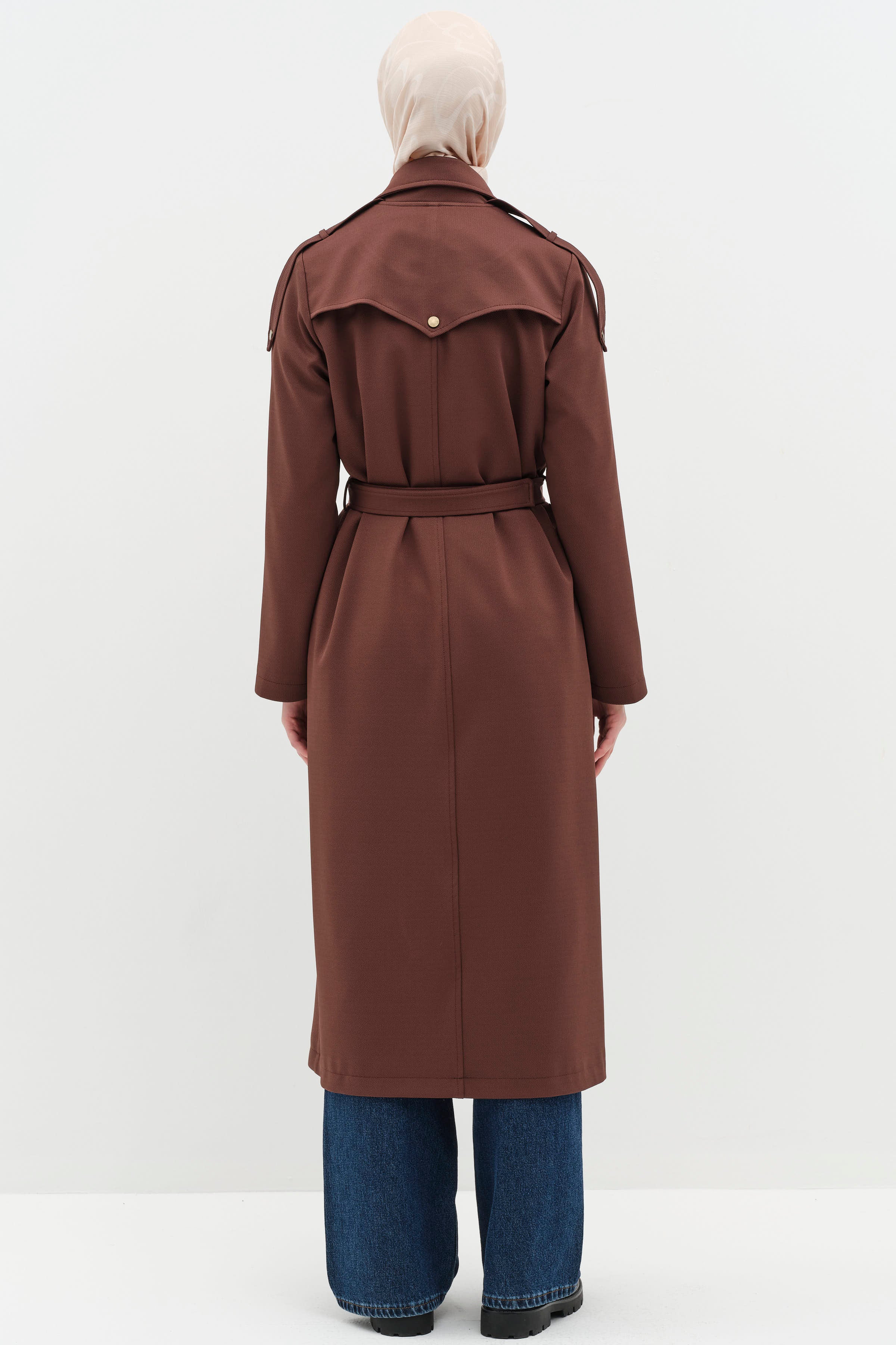 Omuz Bantlı Cep Detaylı Pardesü - Acı Kahve TUGBA