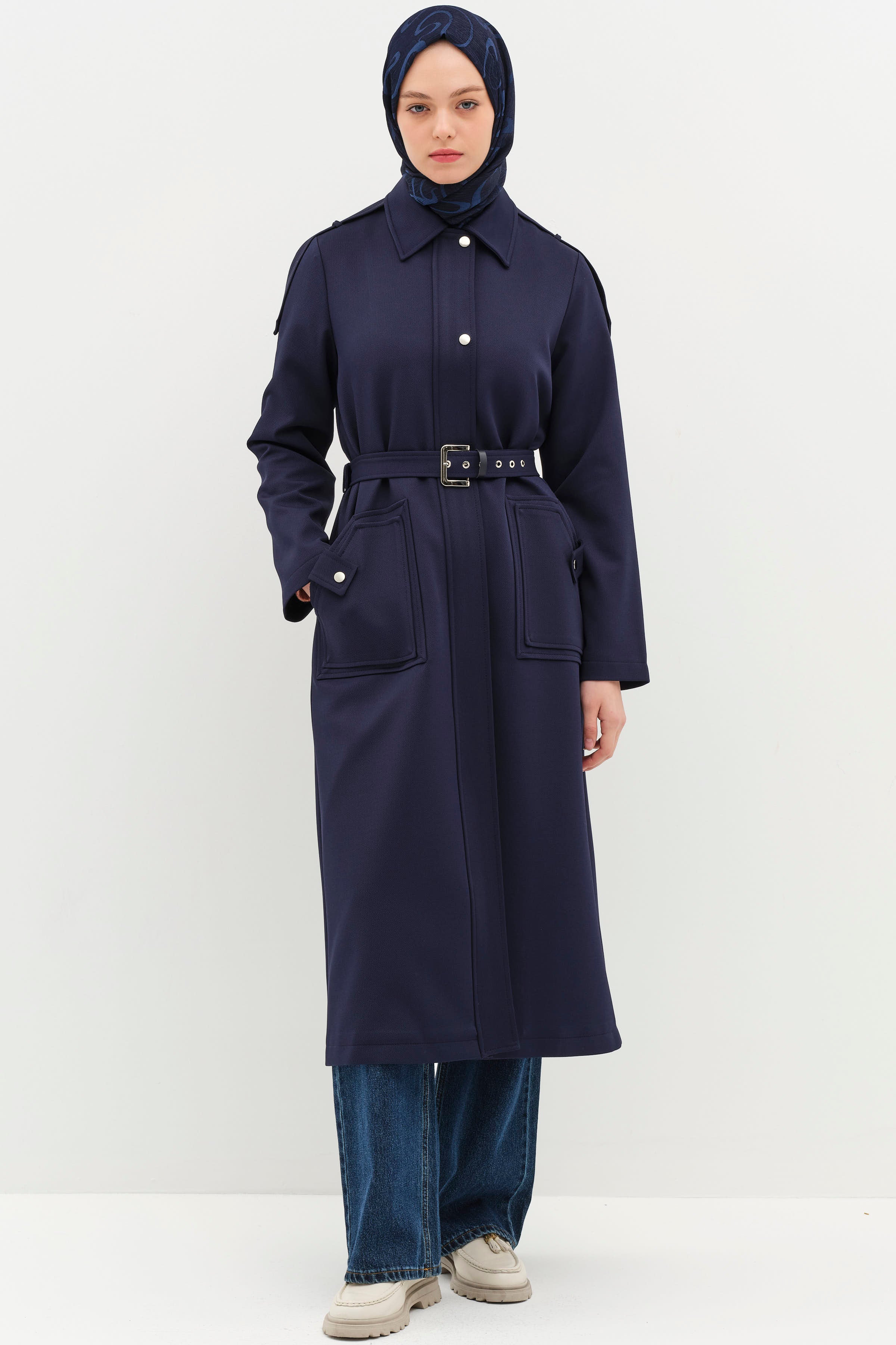 Omuz Bantlı Cep Detaylı Pardesü - Lacivert TUGBA