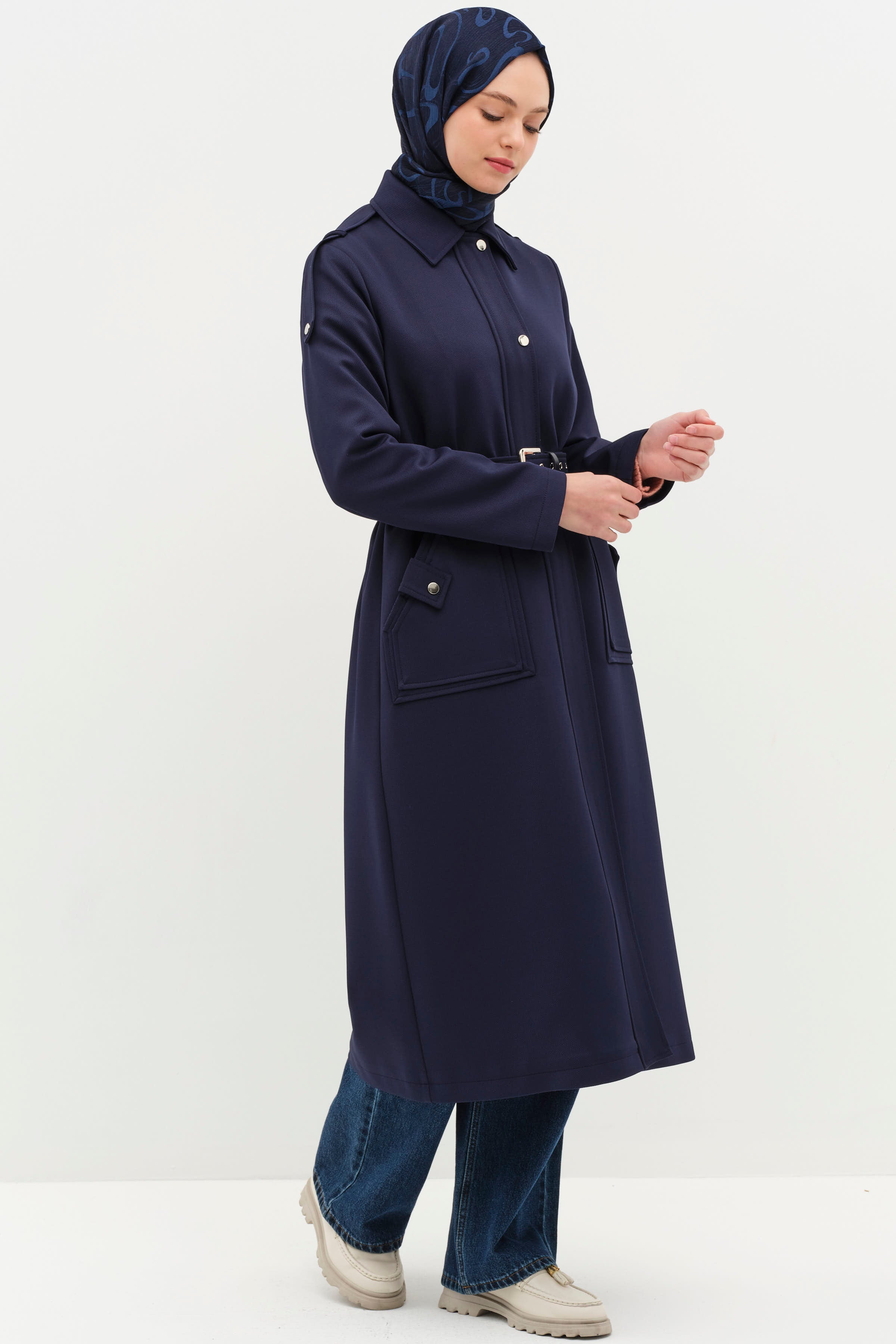 Omuz Bantlı Cep Detaylı Pardesü - Lacivert TUGBA