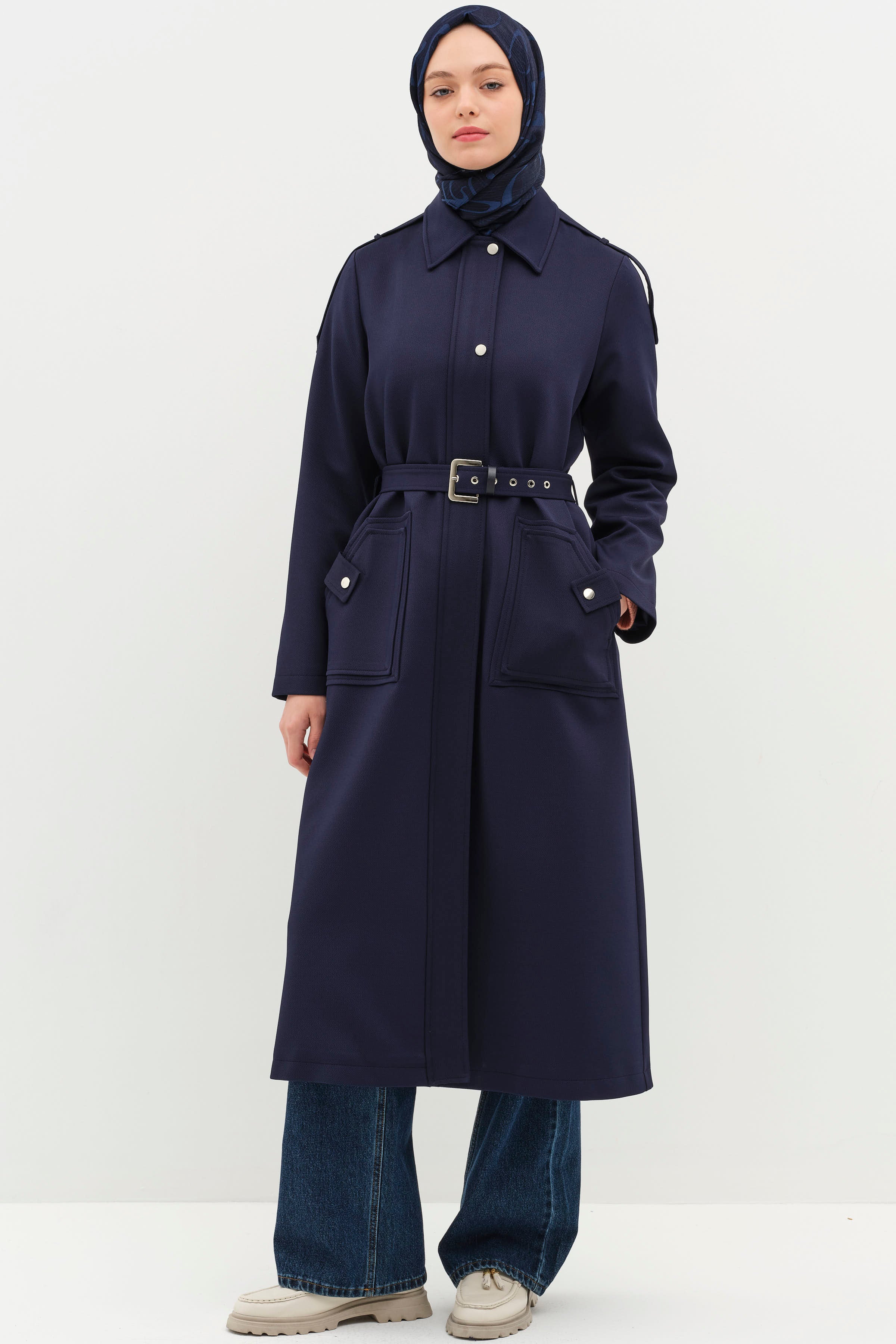 Omuz Bantlı Cep Detaylı Pardesü - Lacivert TUGBA