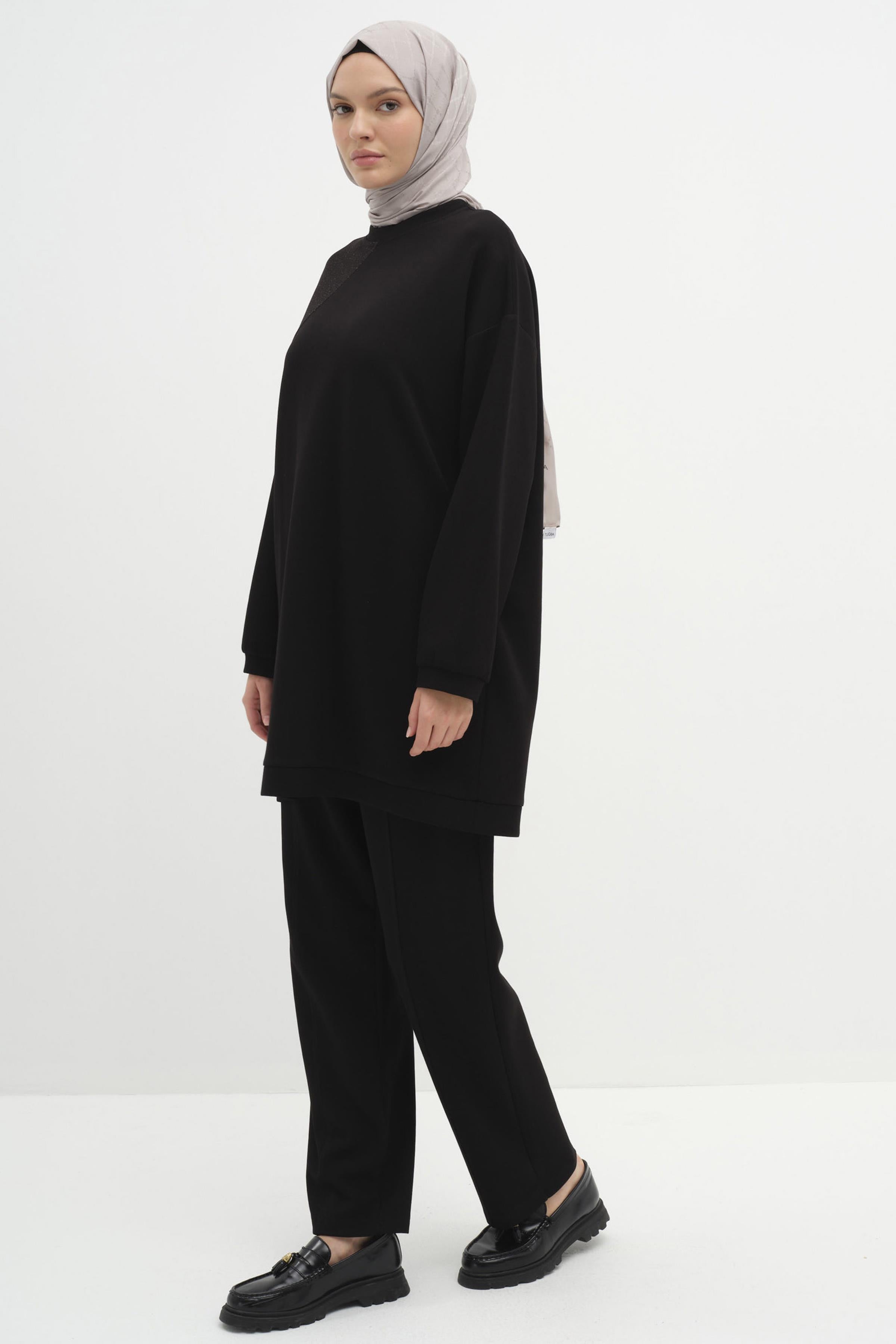 Omuz Detaylı Tunik Pantolon Takım - Siyah TUGBA