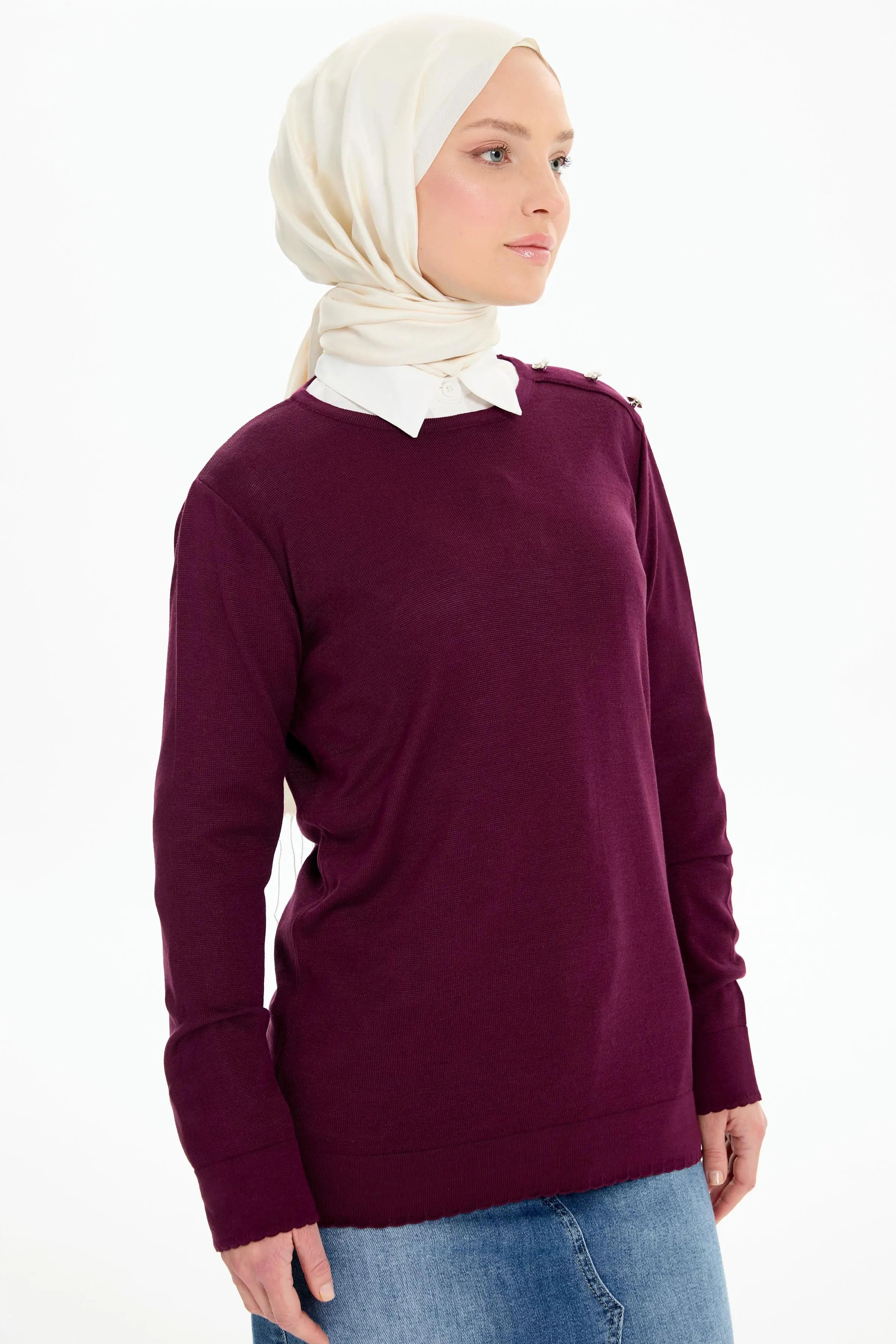 Omuz Düğme Detaylı Rayon Bluz - Mürdüm TUGBA