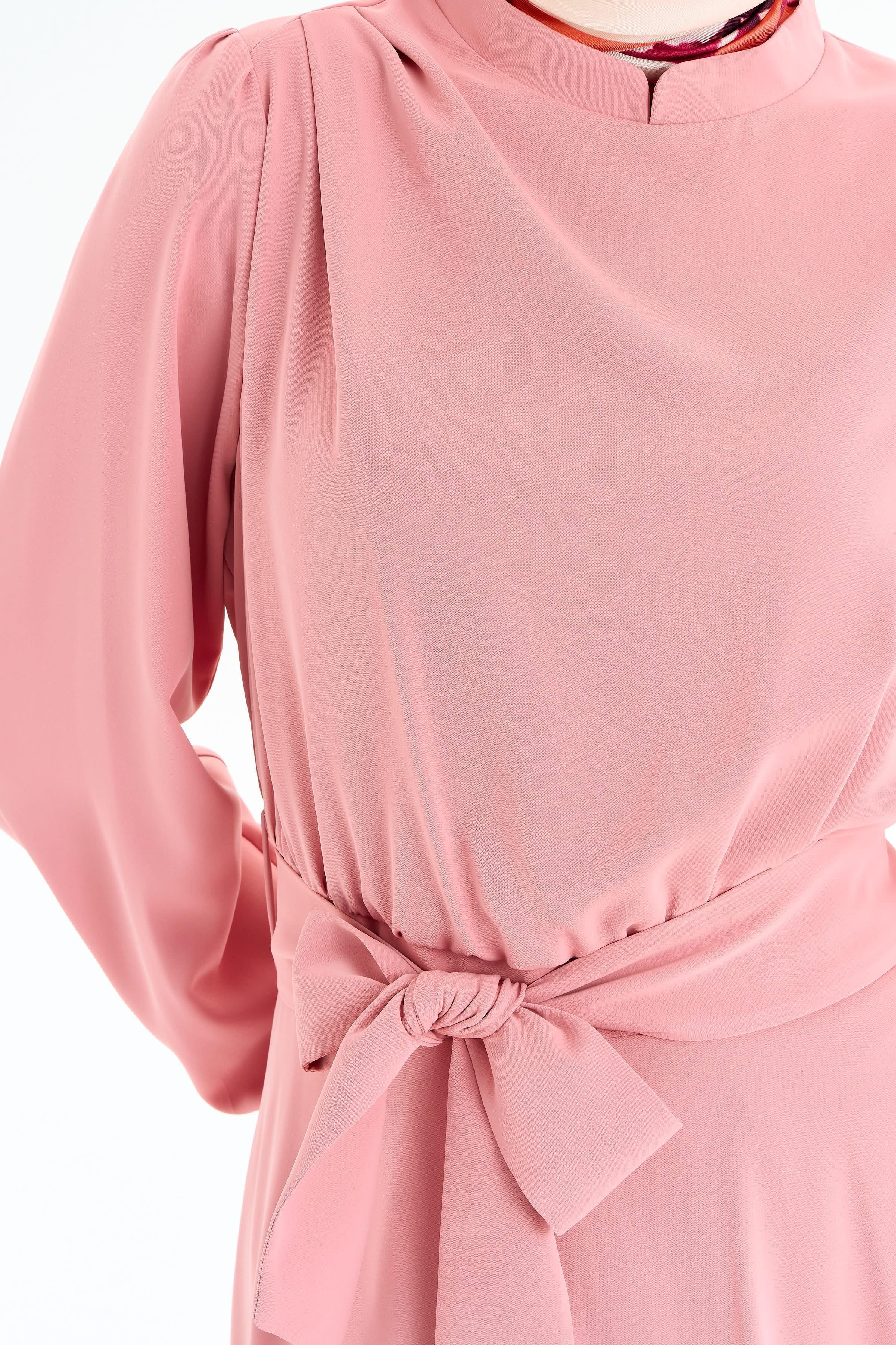 Omuz Pile Detaylı Elbise - Pudra TUGBA