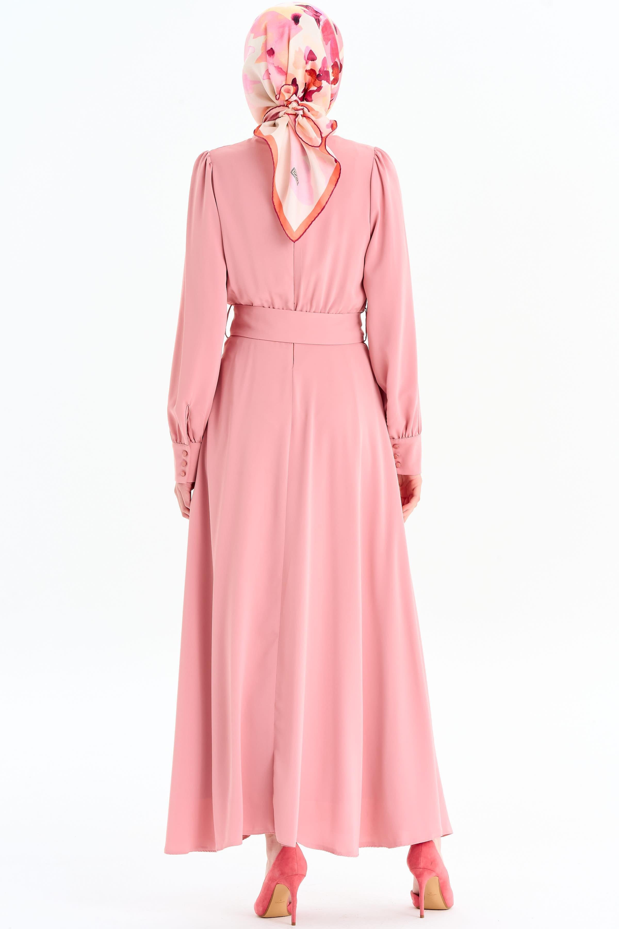 Omuz Pile Detaylı Elbise - Pudra TUGBA