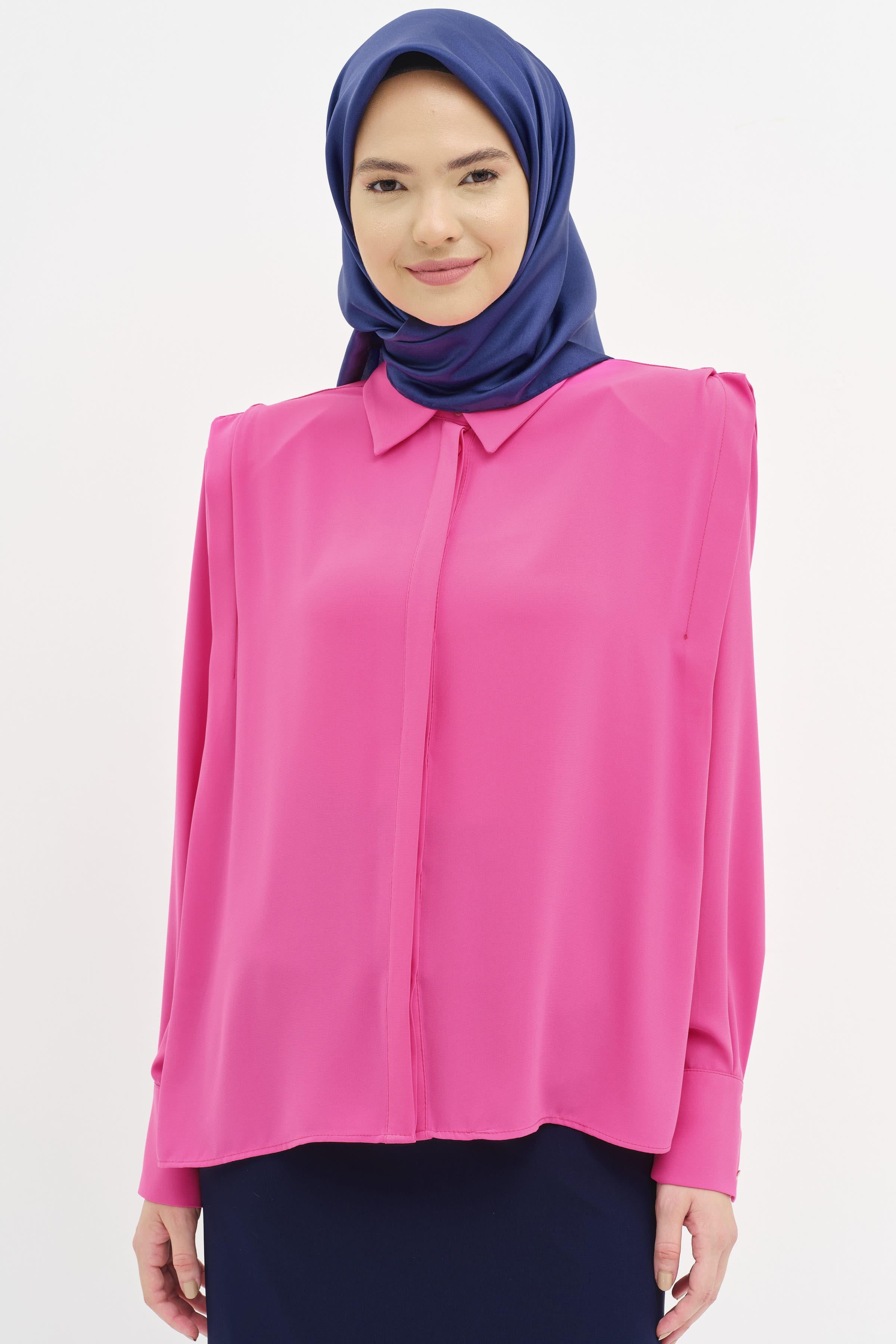 Omuz Pile Detaylı Vatkalı Gömlek - Fuşya TUGBA