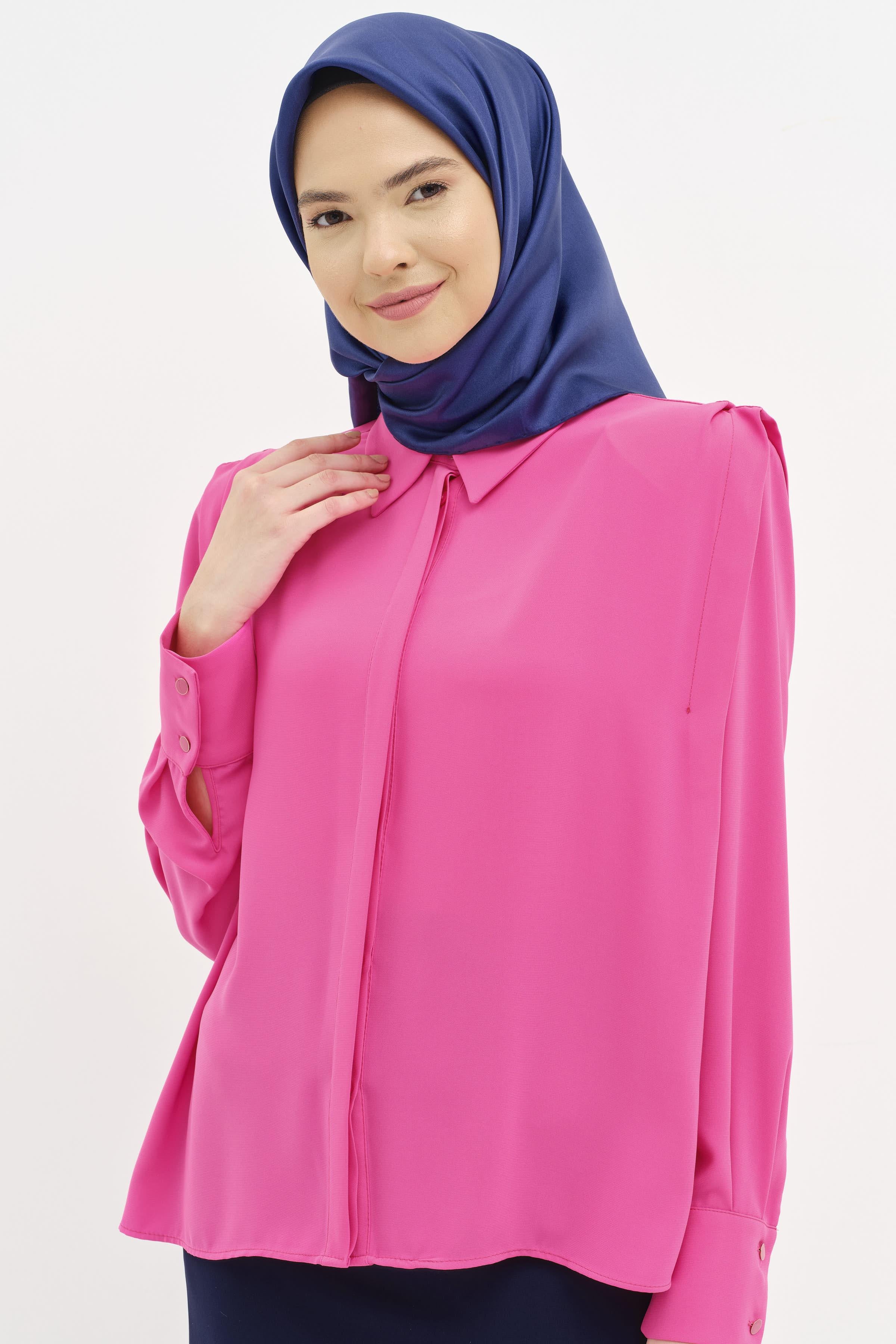 Omuz Pile Detaylı Vatkalı Gömlek - Fuşya TUGBA