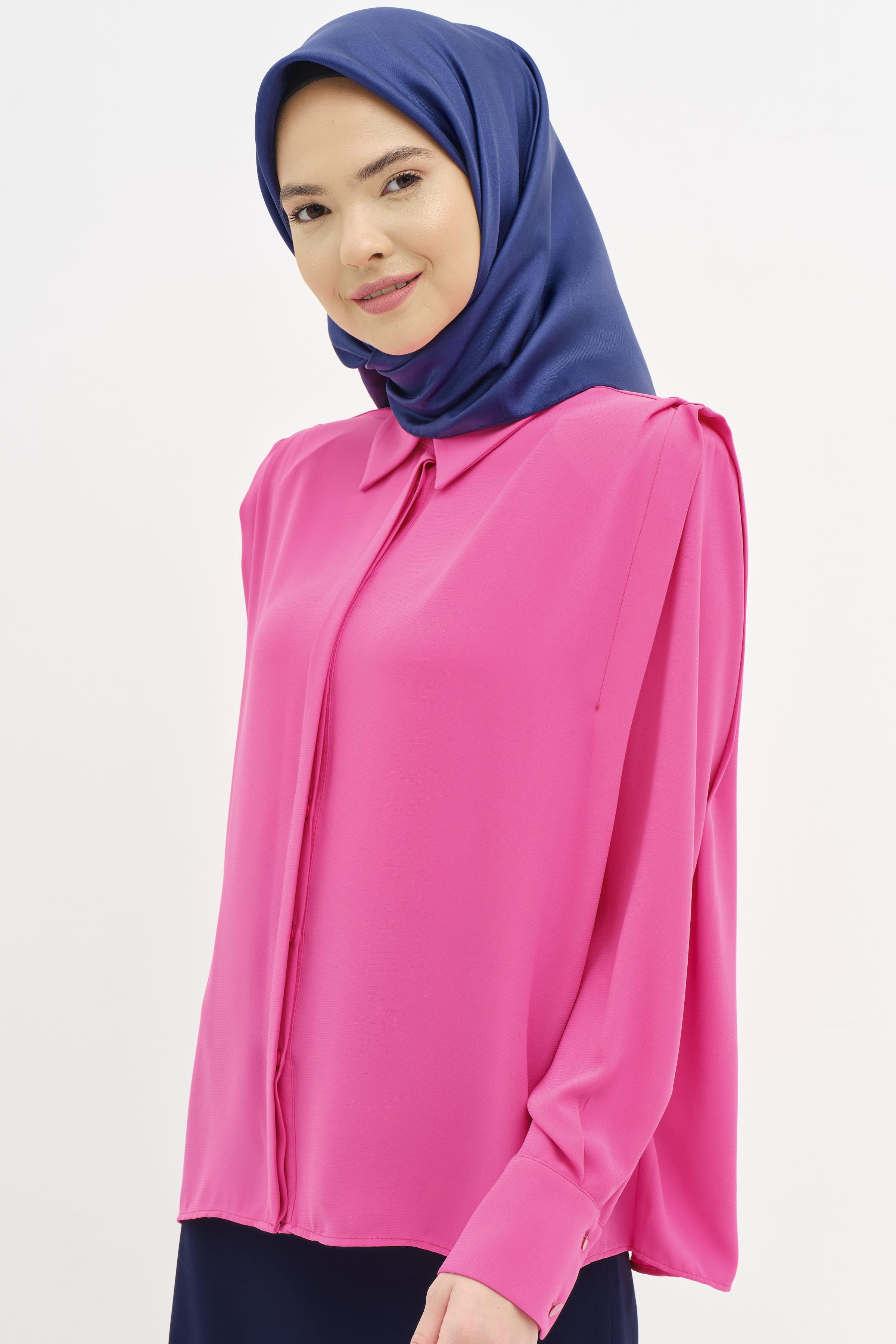 Omuz Pile Detaylı Vatkalı Gömlek - Fuşya TUGBA