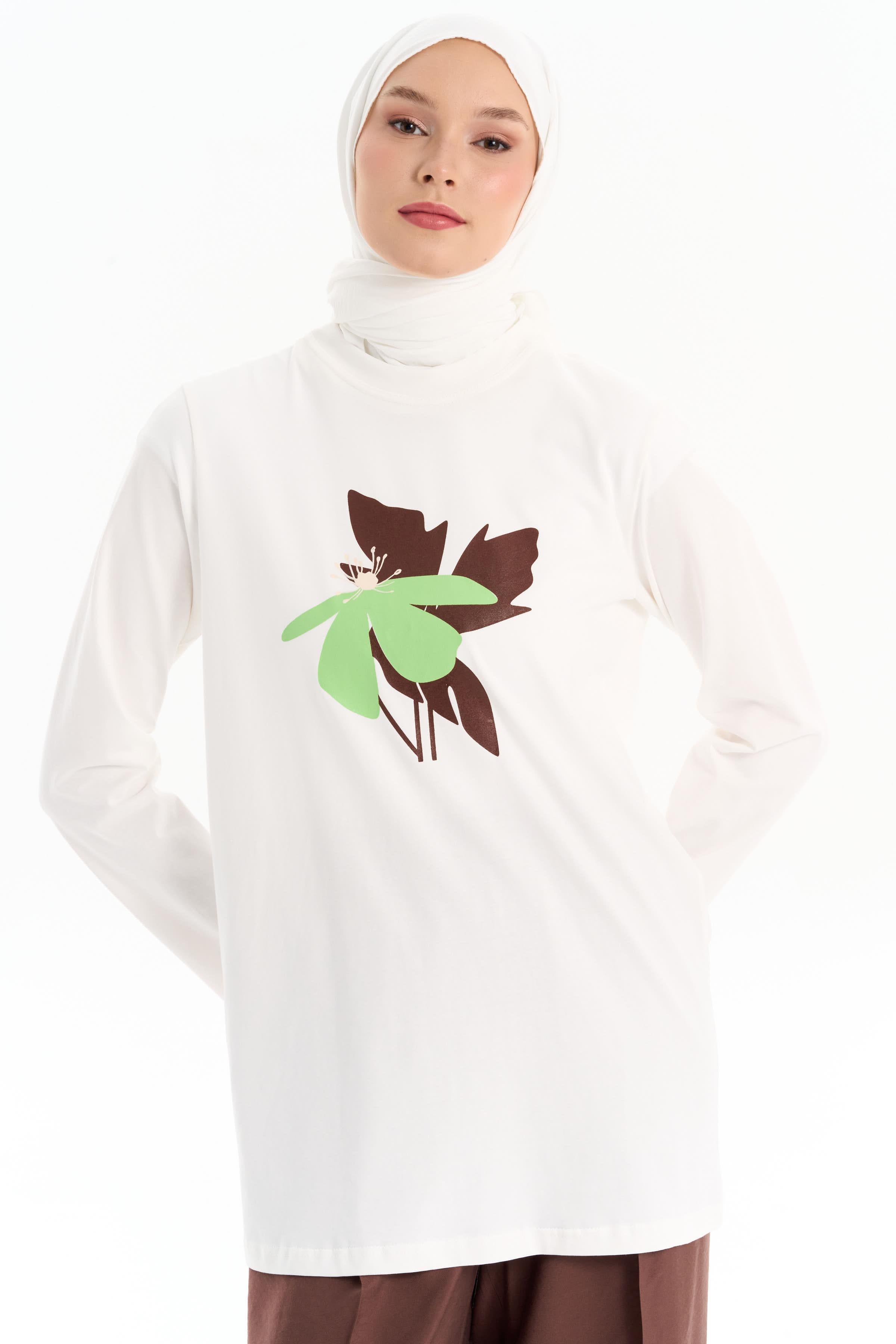 Ön Desen Baskılı Örme Bluz - Beyaz TUGBA