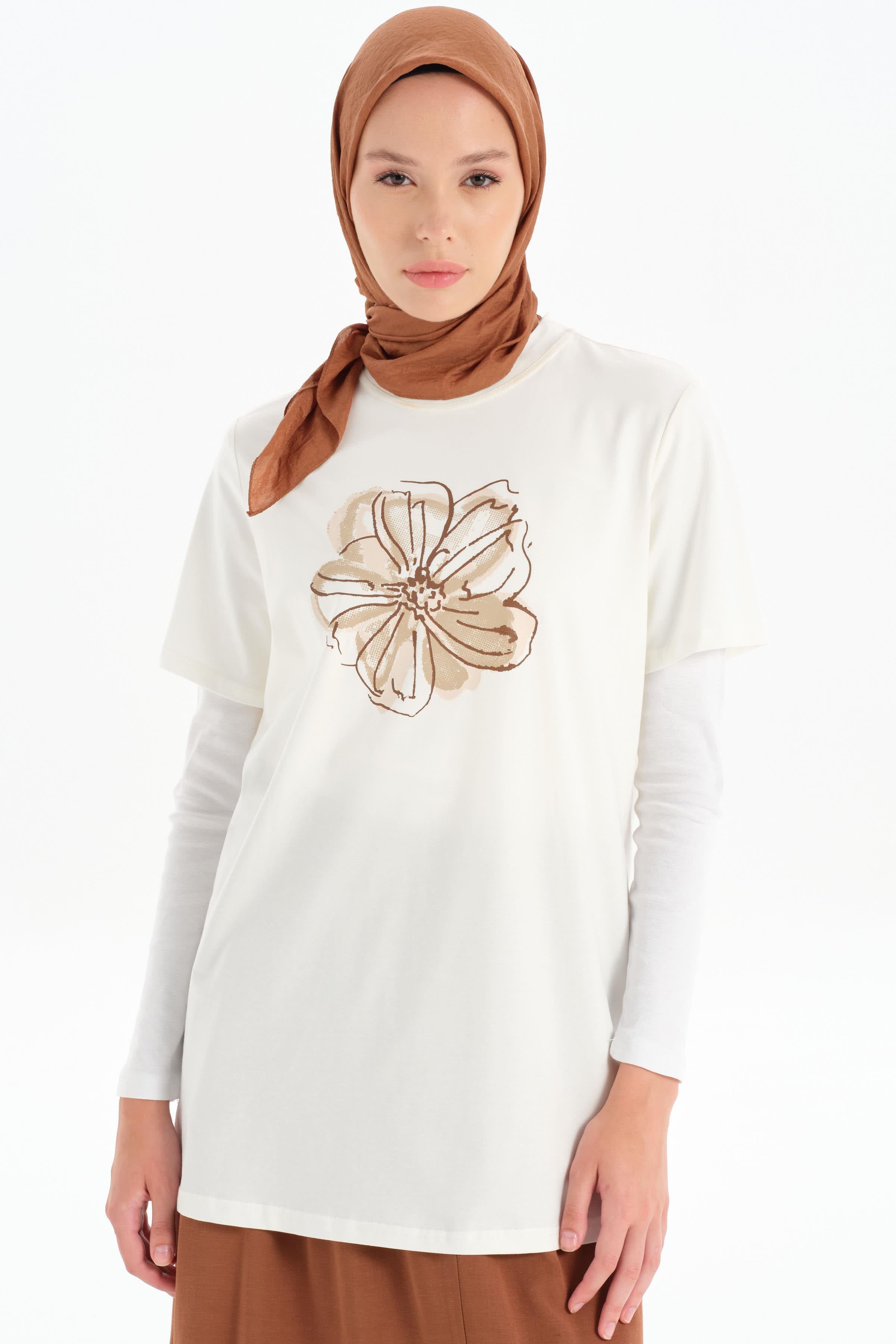 Ön Desen Baskılı Örme Tişört - Beyaz- Kahve TUGBA