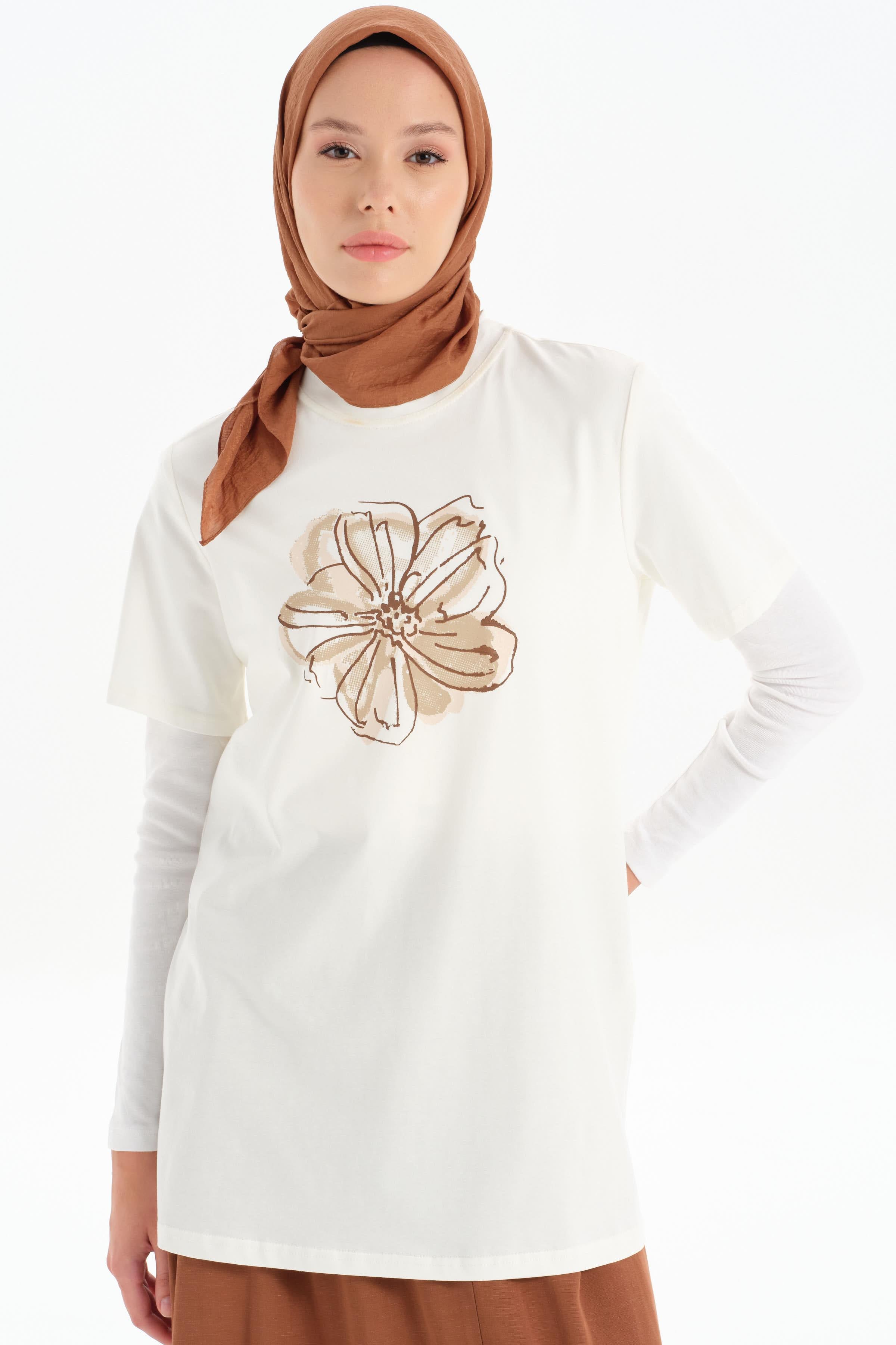 Ön Desen Baskılı Örme Tişört - Beyaz- Kahve TUGBA