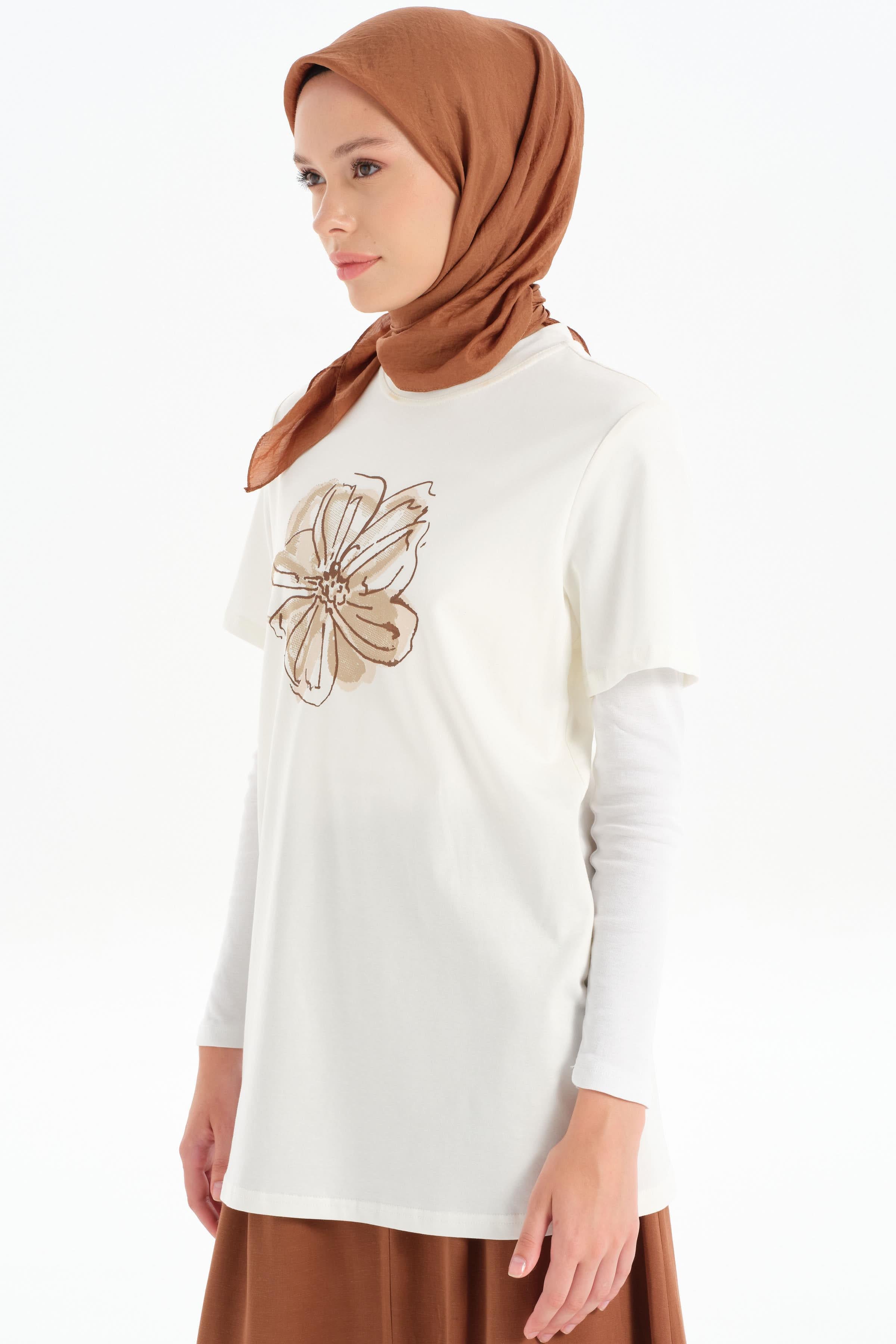 Ön Desen Baskılı Örme Tişört - Beyaz- Kahve TUGBA