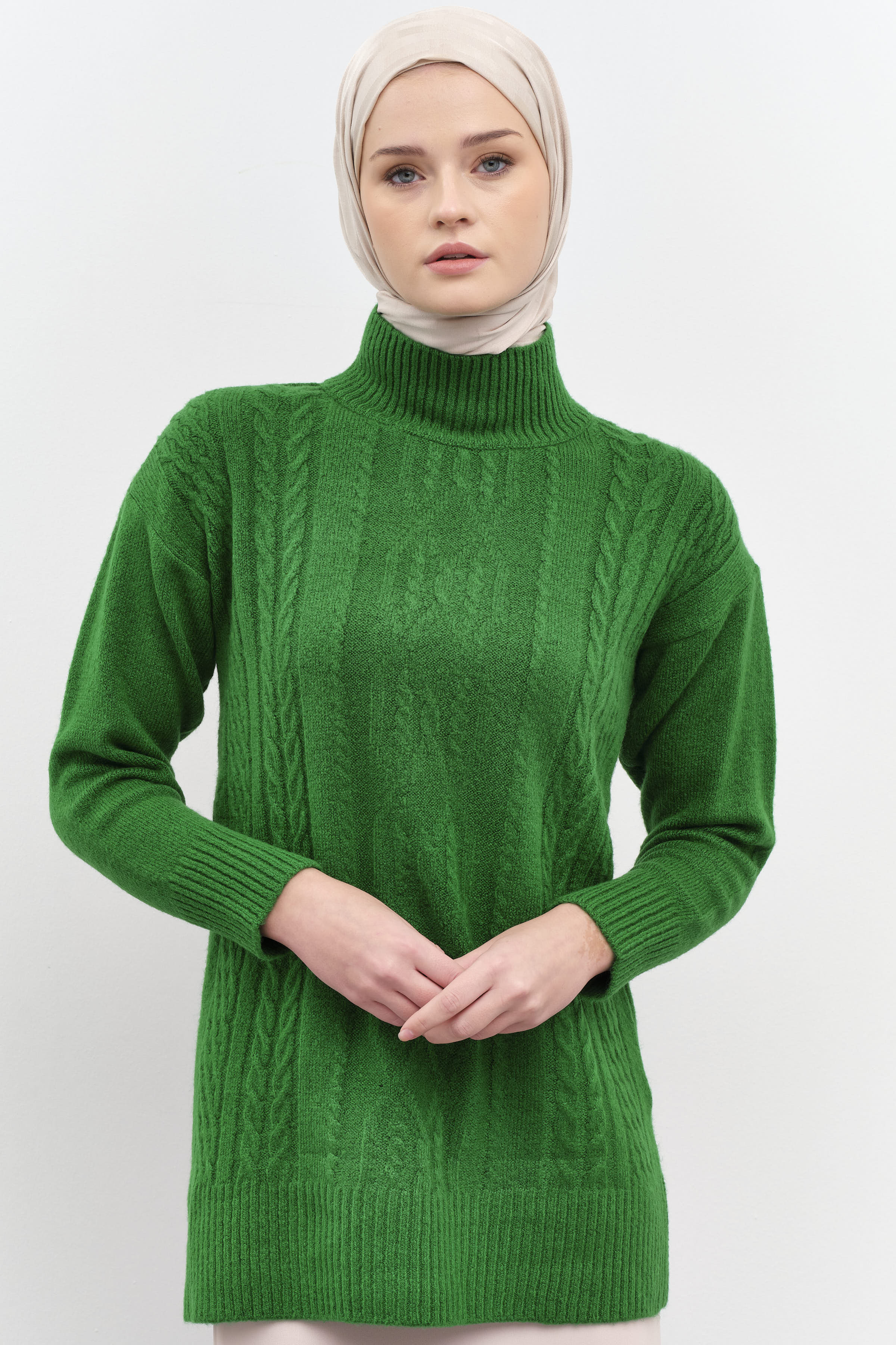 Örgü Desen Triko Tunik - Yeşil TUGBA