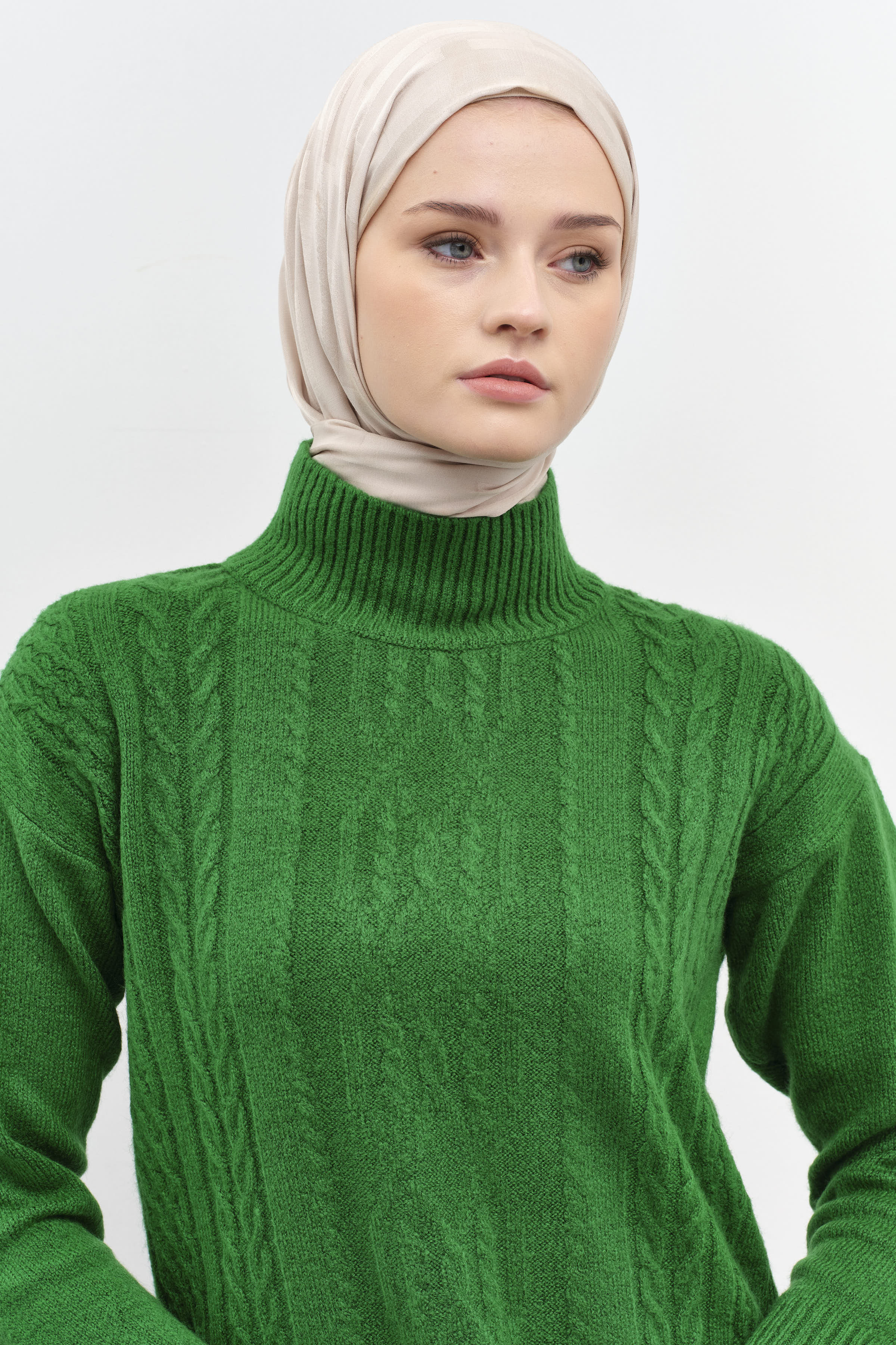 Örgü Desen Triko Tunik - Yeşil TUGBA