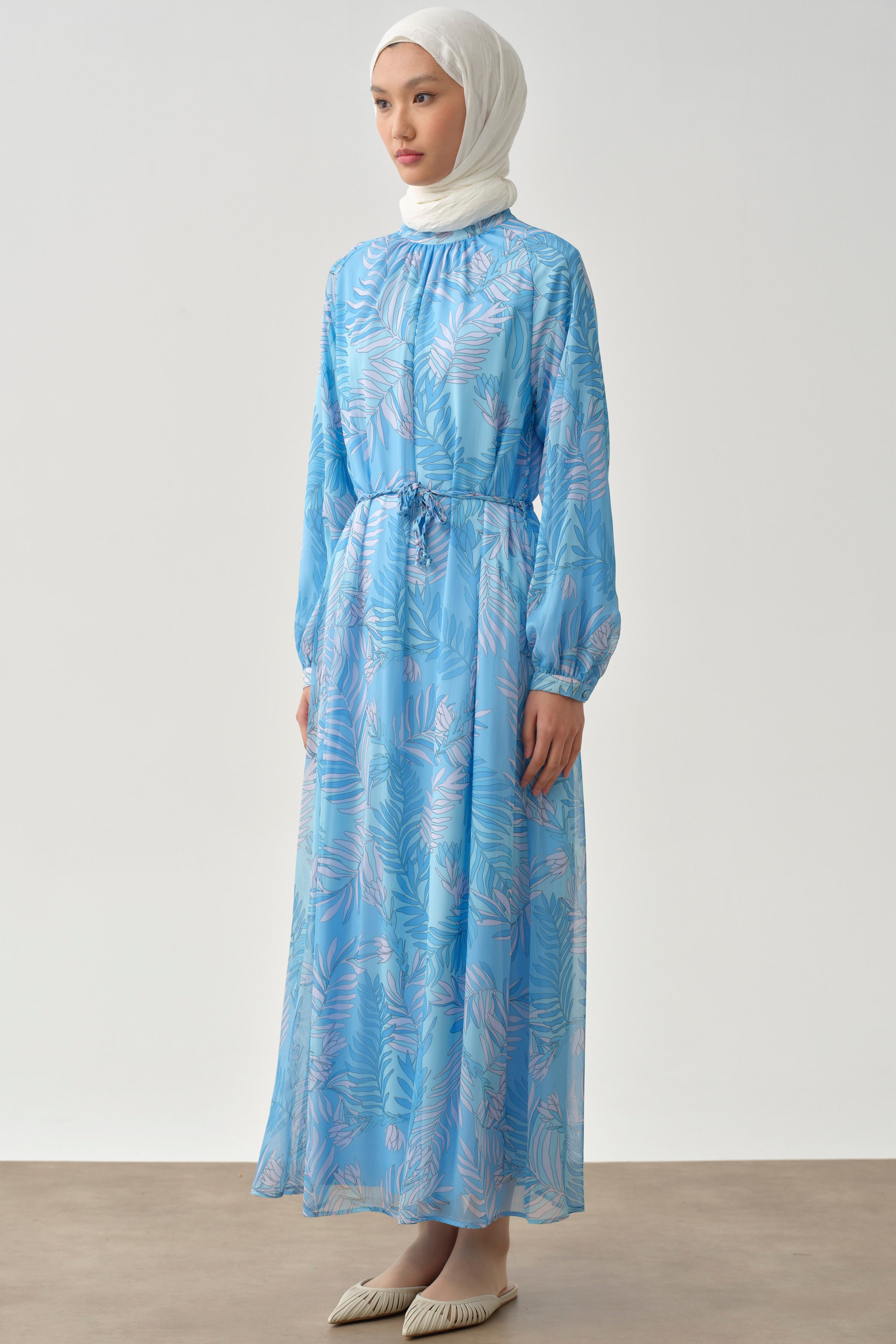 Örgü Kemerli Desenli Şifon Elbise - Mavi TUGBA