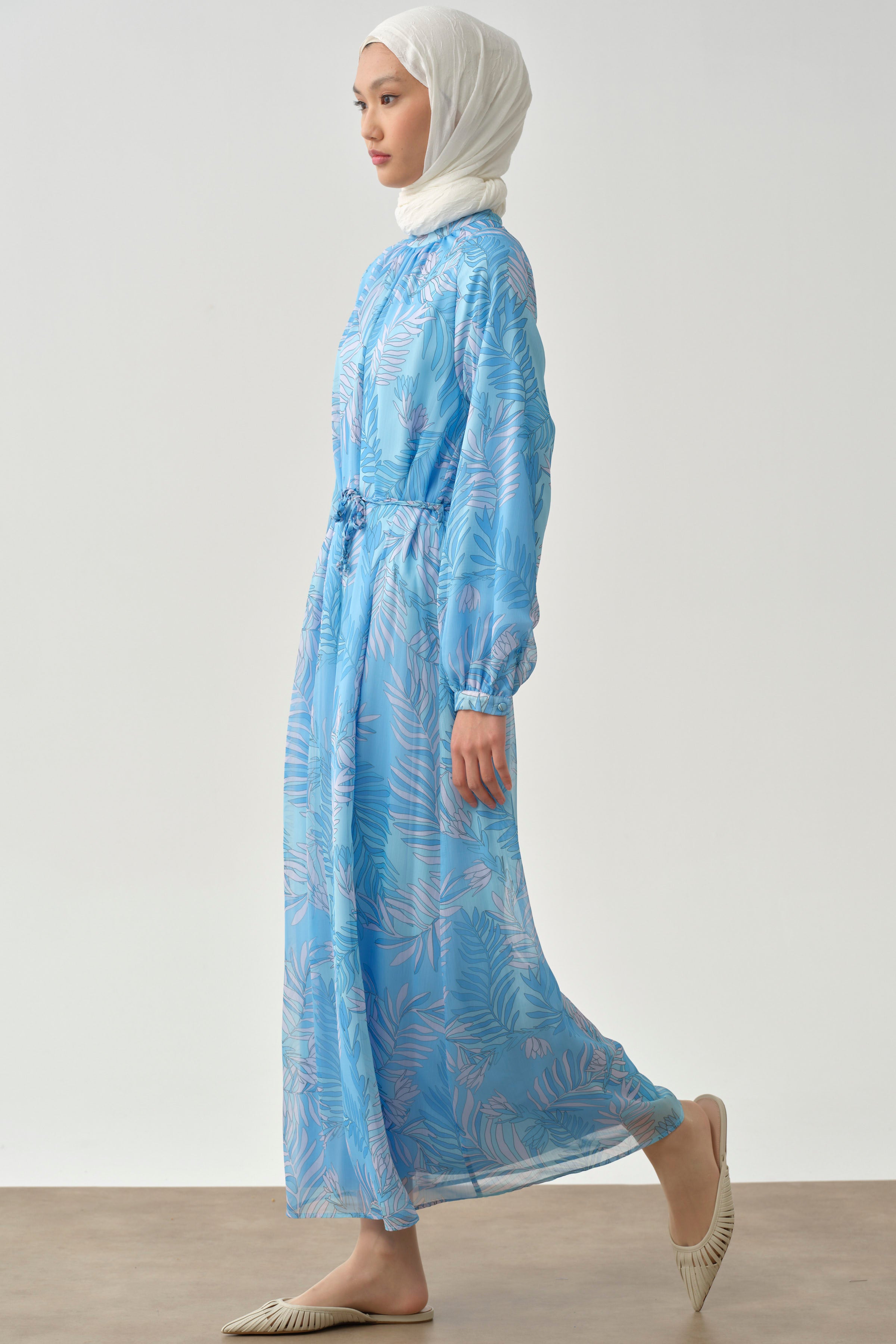 Örgü Kemerli Desenli Şifon Elbise - Mavi TUGBA