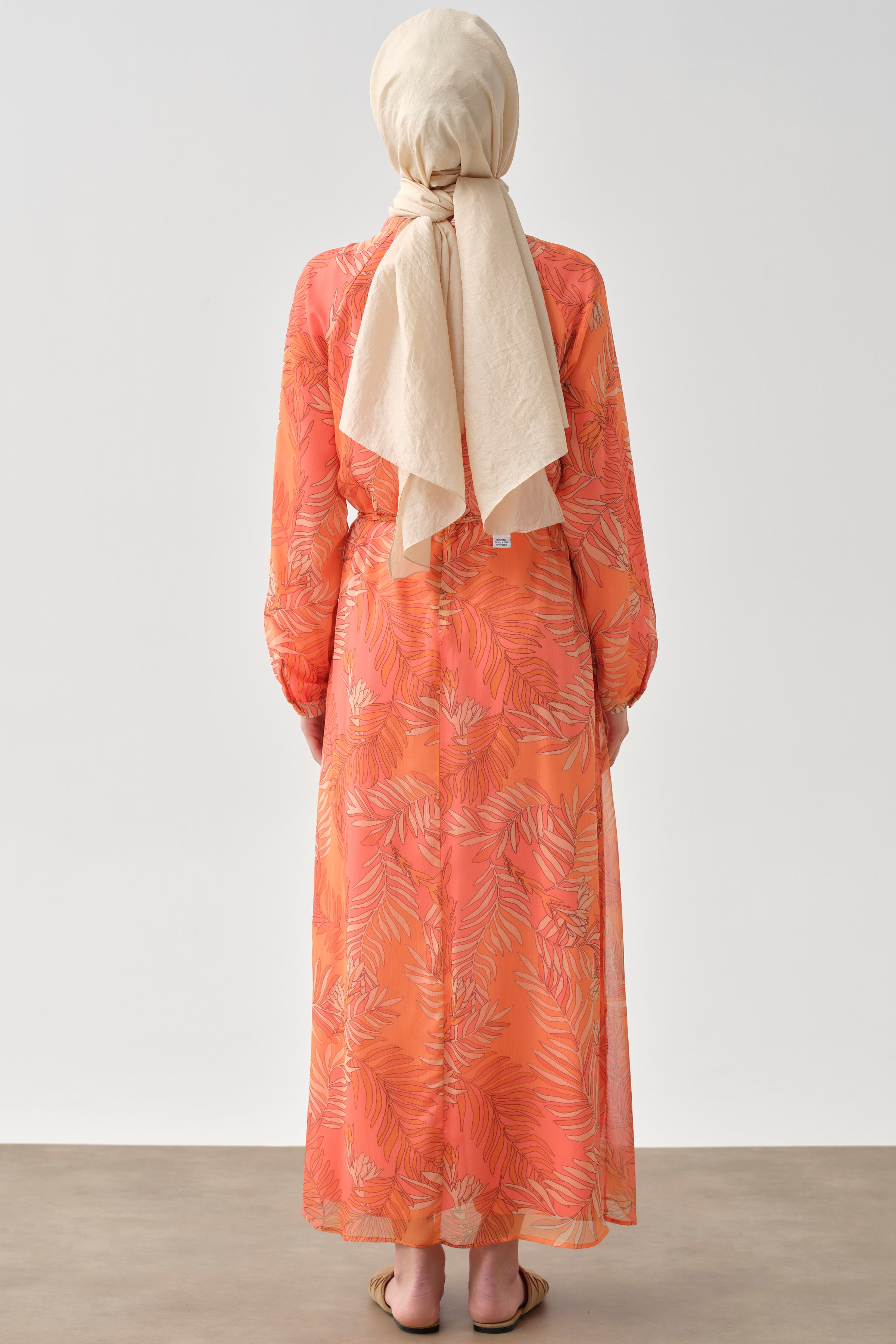 Örgü Kemerli Desenli Şifon Elbise - Oranj TUGBA