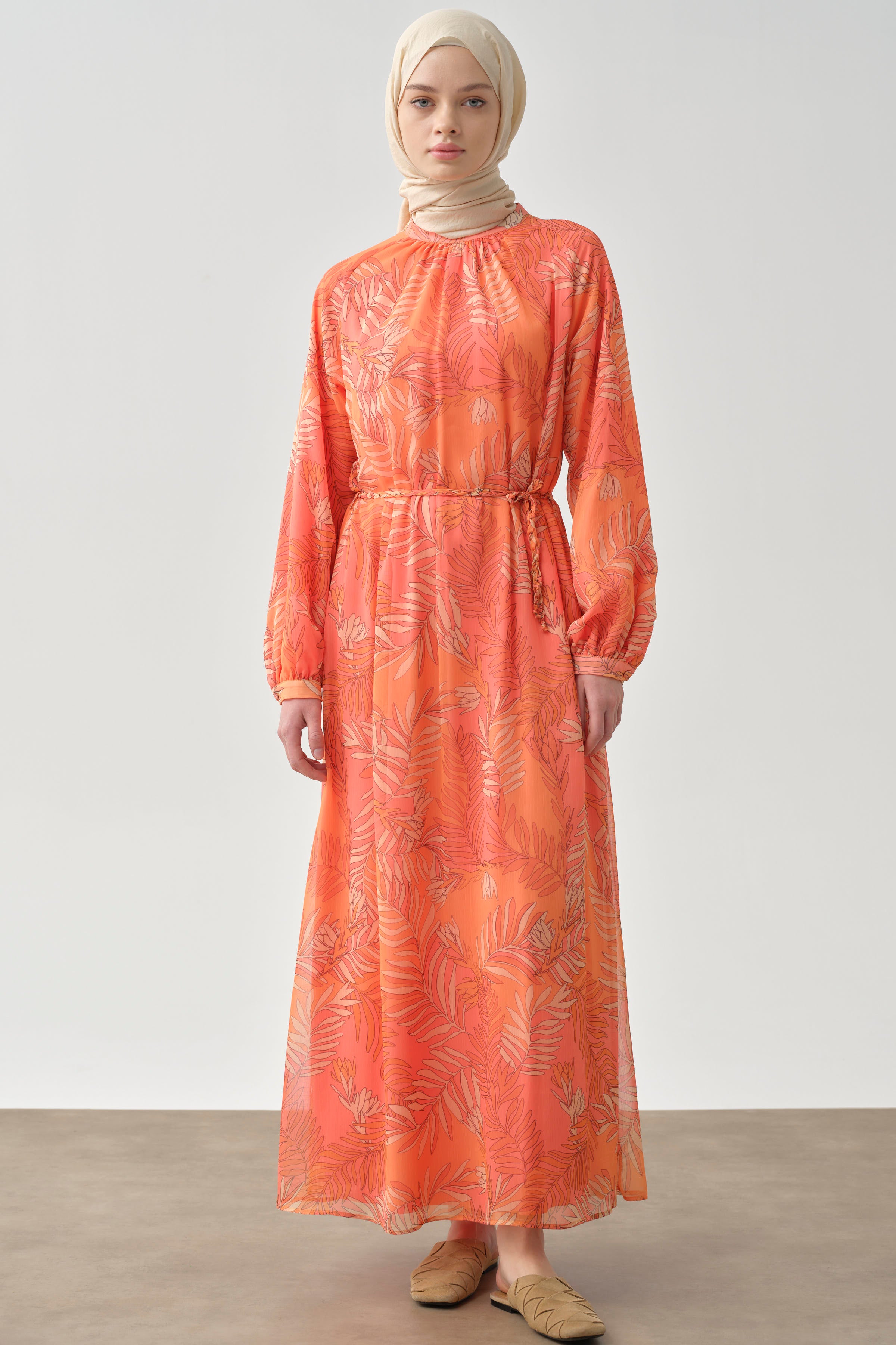 Örgü Kemerli Desenli Şifon Elbise - Oranj TUGBA