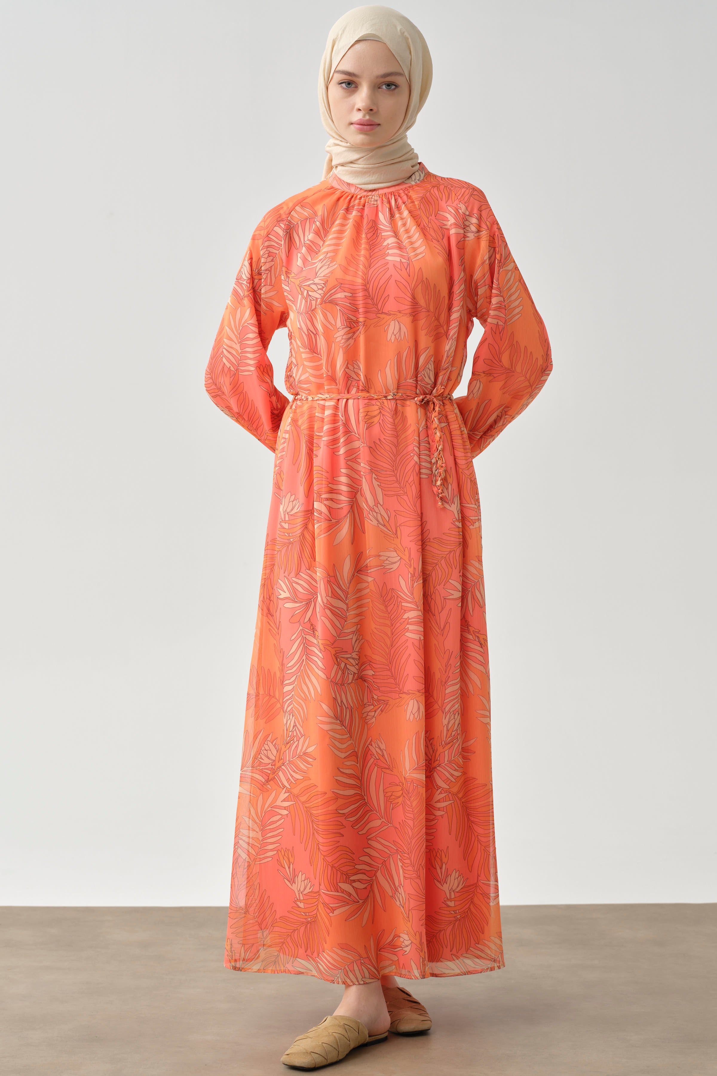 Örgü Kemerli Desenli Şifon Elbise - Oranj TUGBA