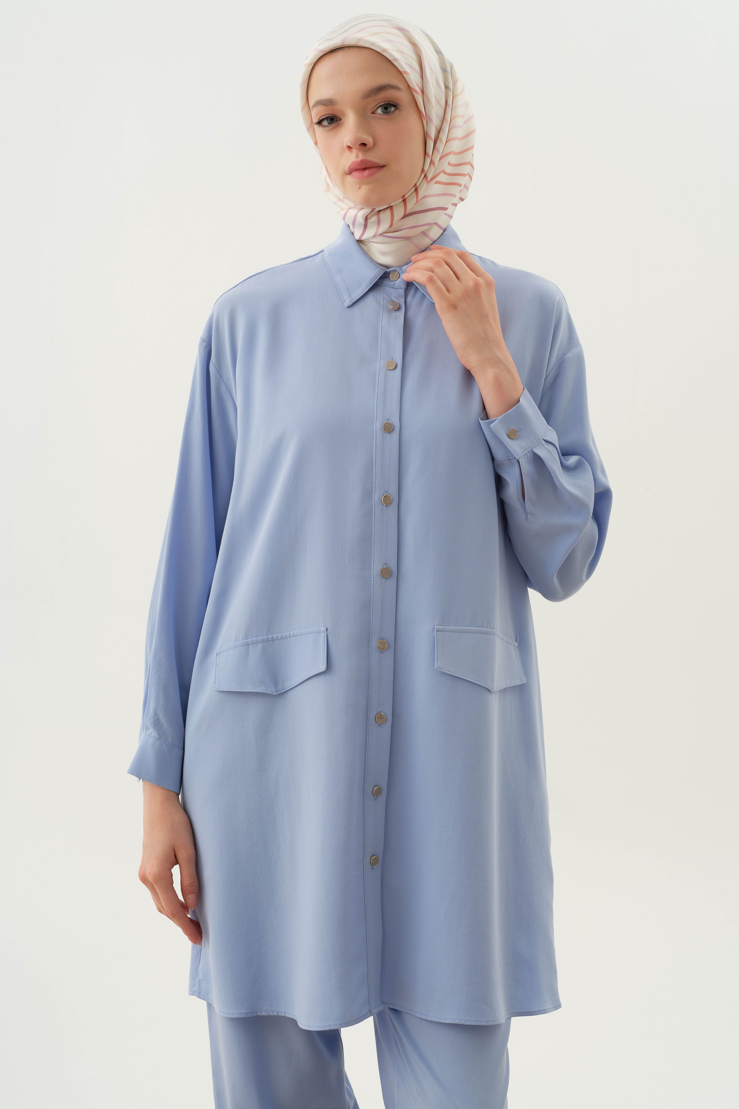 Örme Bluzlu Uzun Tunik Takım - Açık Mavi TUGBA