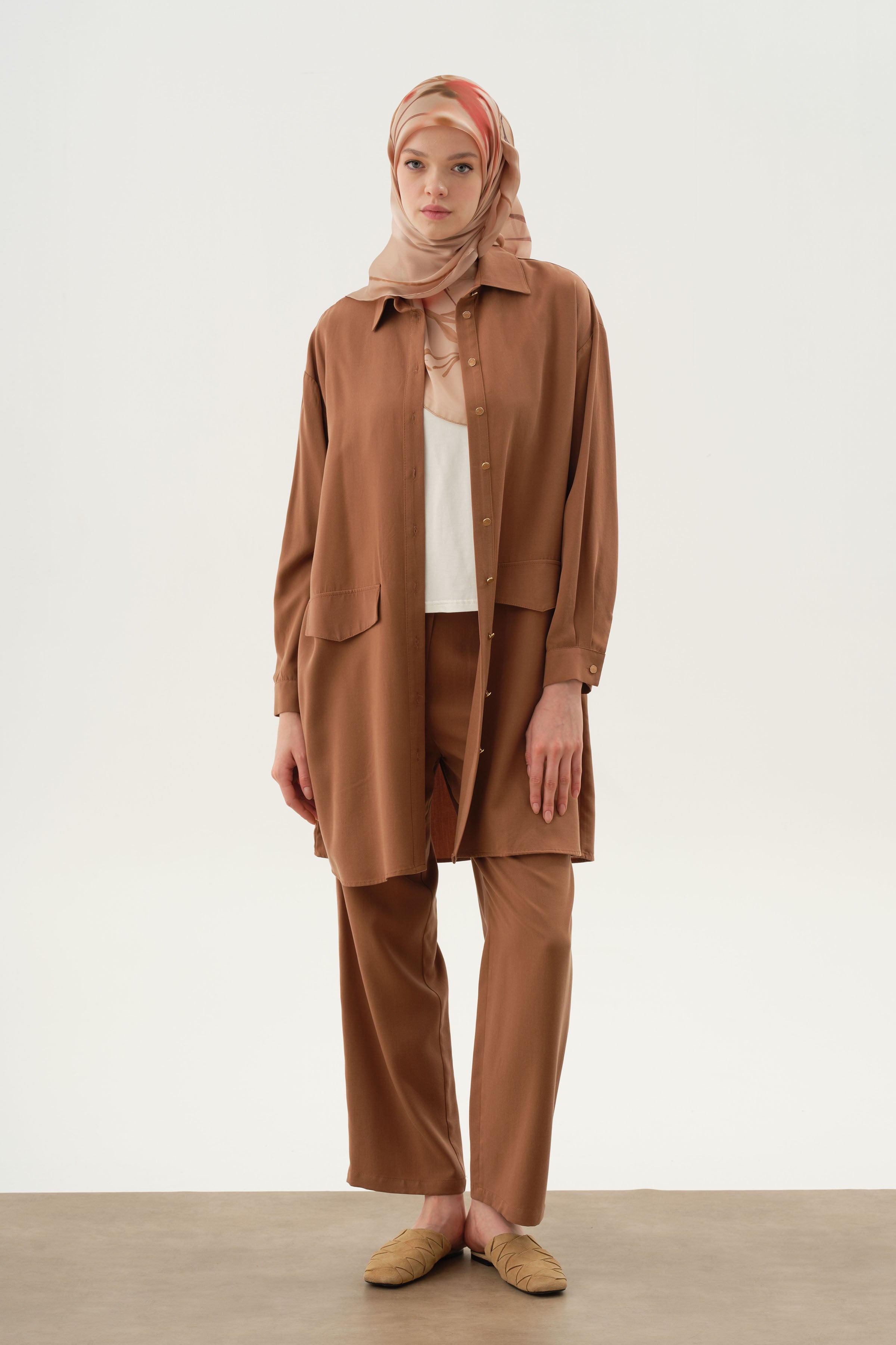 Örme Bluzlu Uzun Tunik Takım - Kahve TUGBA