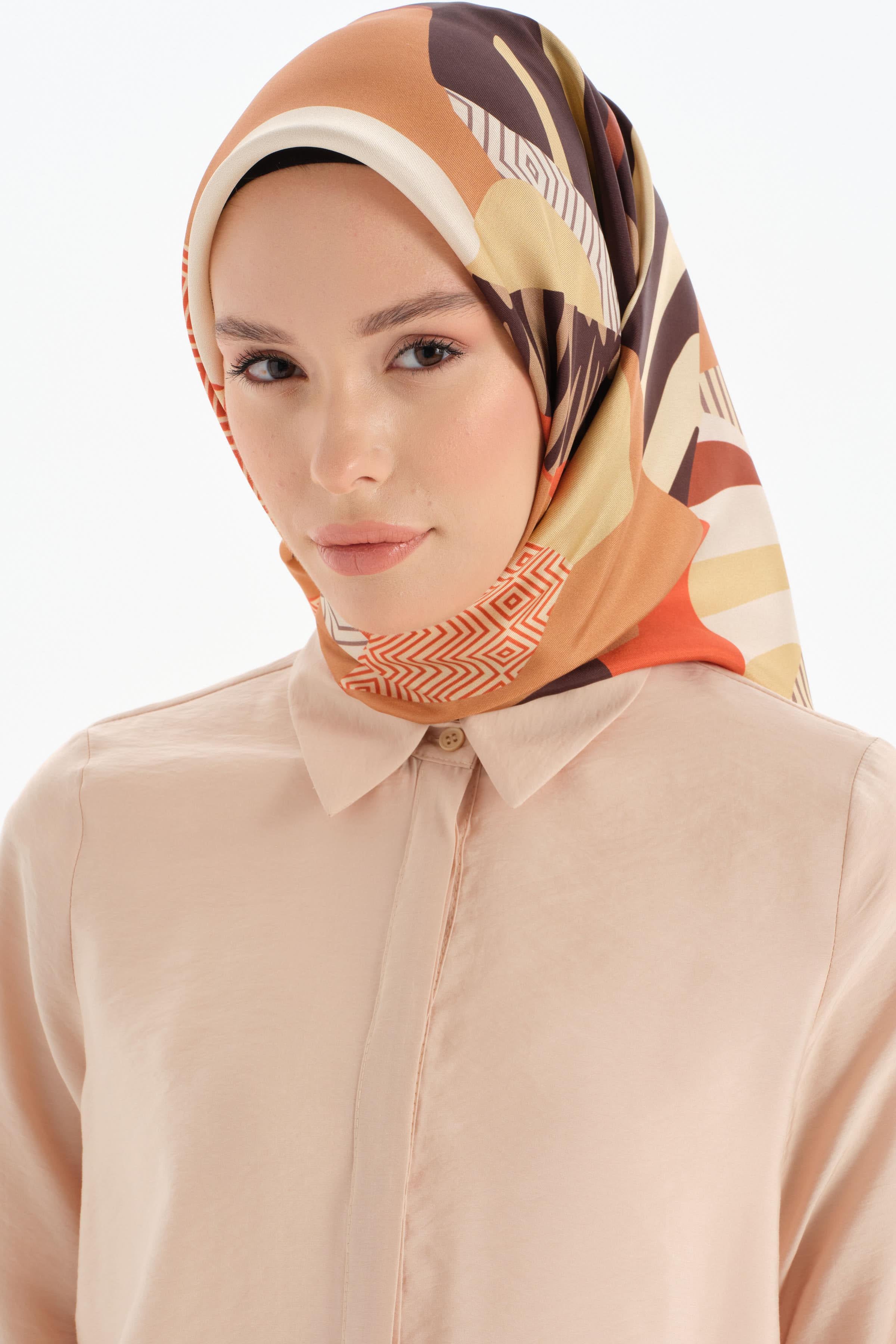 Patchwork Desen Twill İpek Eşarp - Kiremit TUGBA