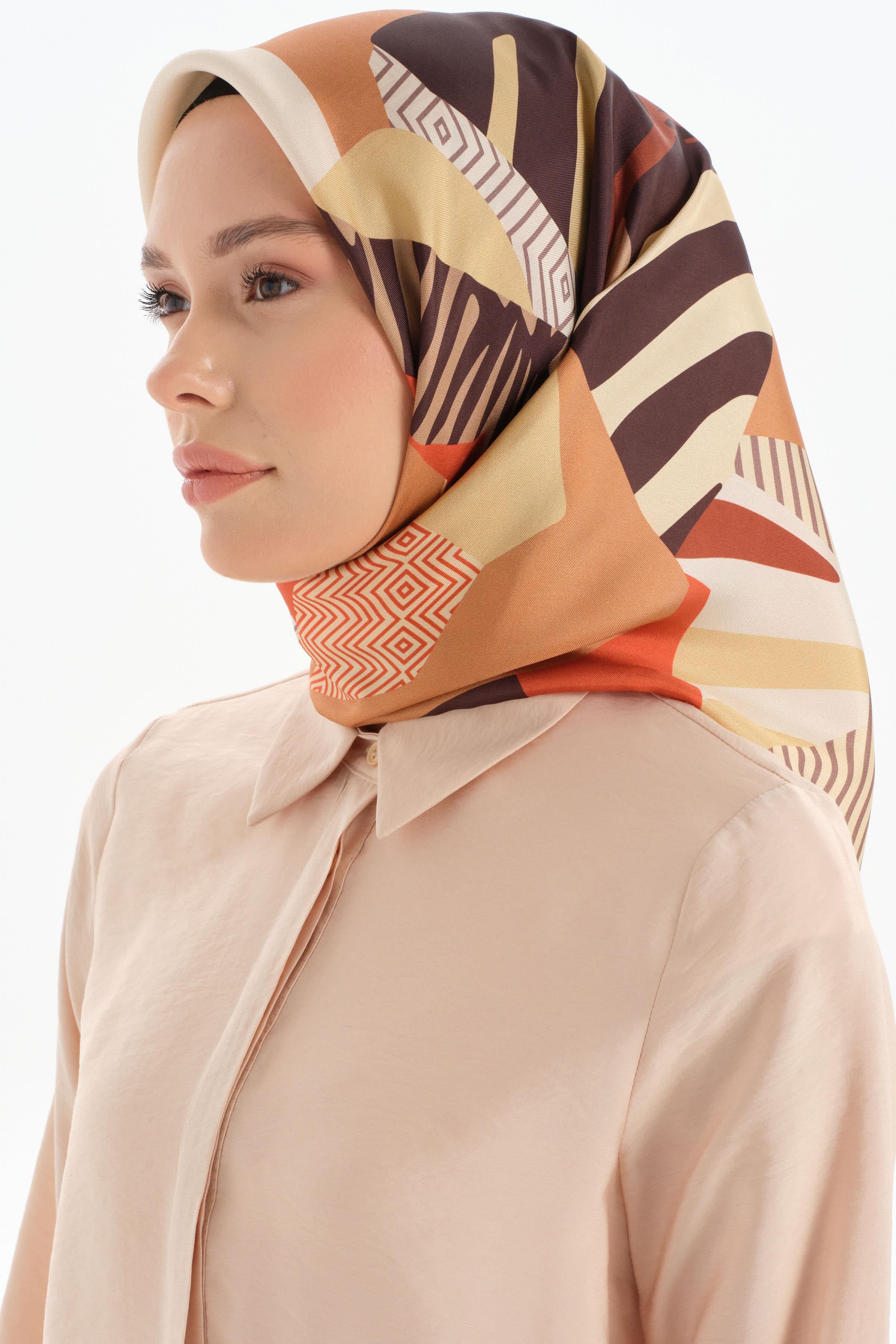 Patchwork Desen Twill İpek Eşarp - Kiremit TUGBA