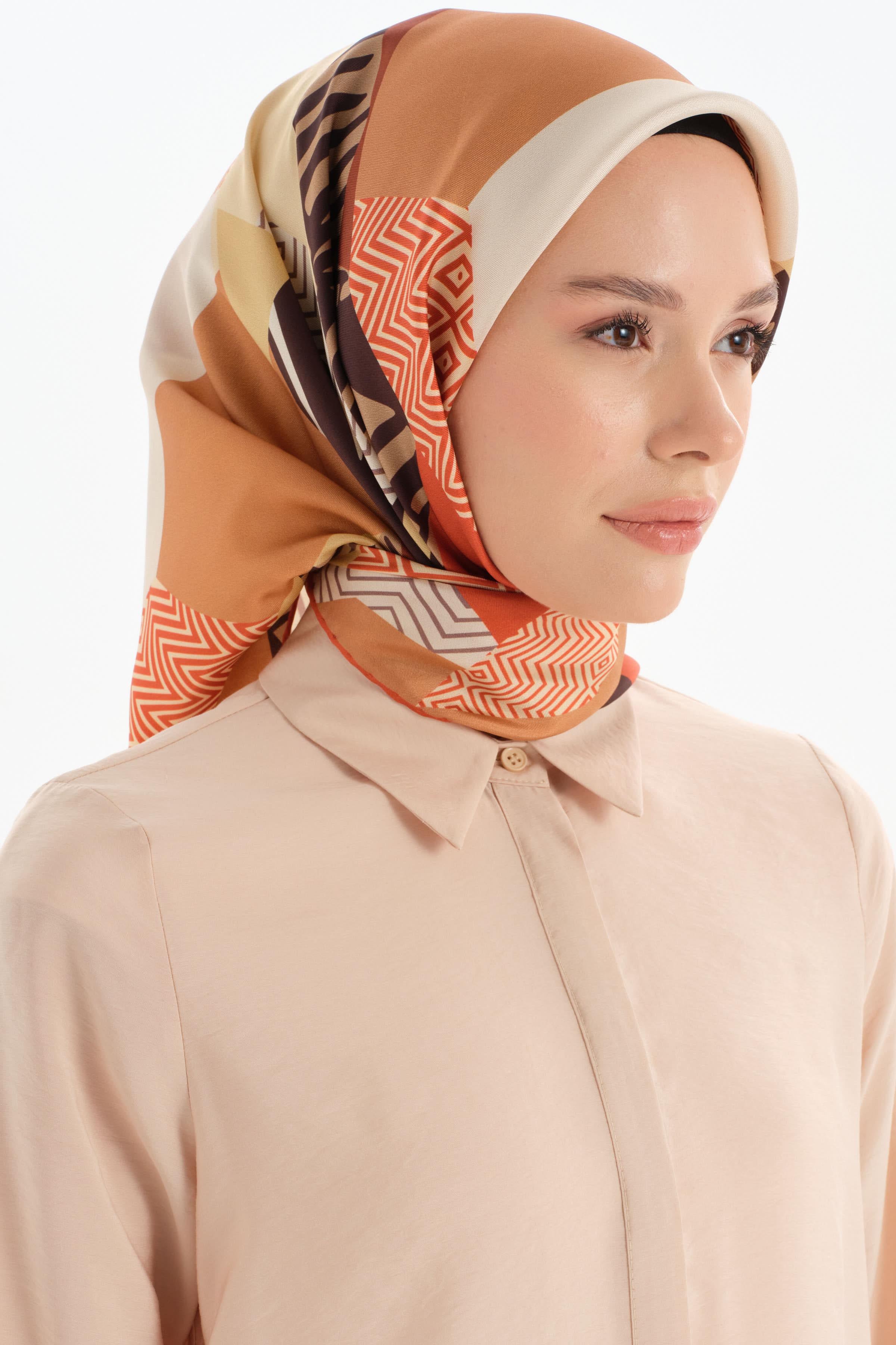 Patchwork Desen Twill İpek Eşarp - Kiremit TUGBA