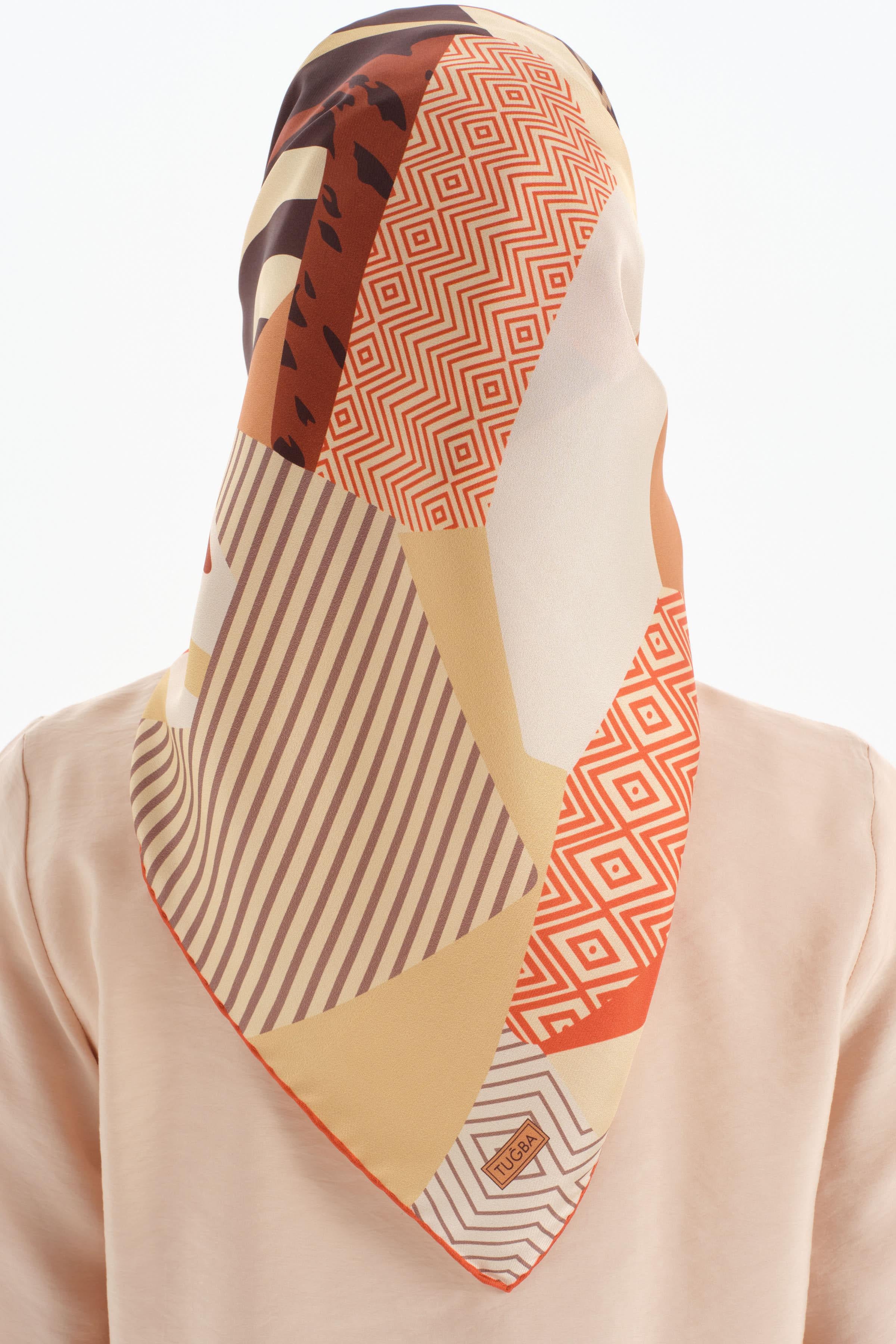 Patchwork Desen Twill İpek Eşarp - Kiremit TUGBA