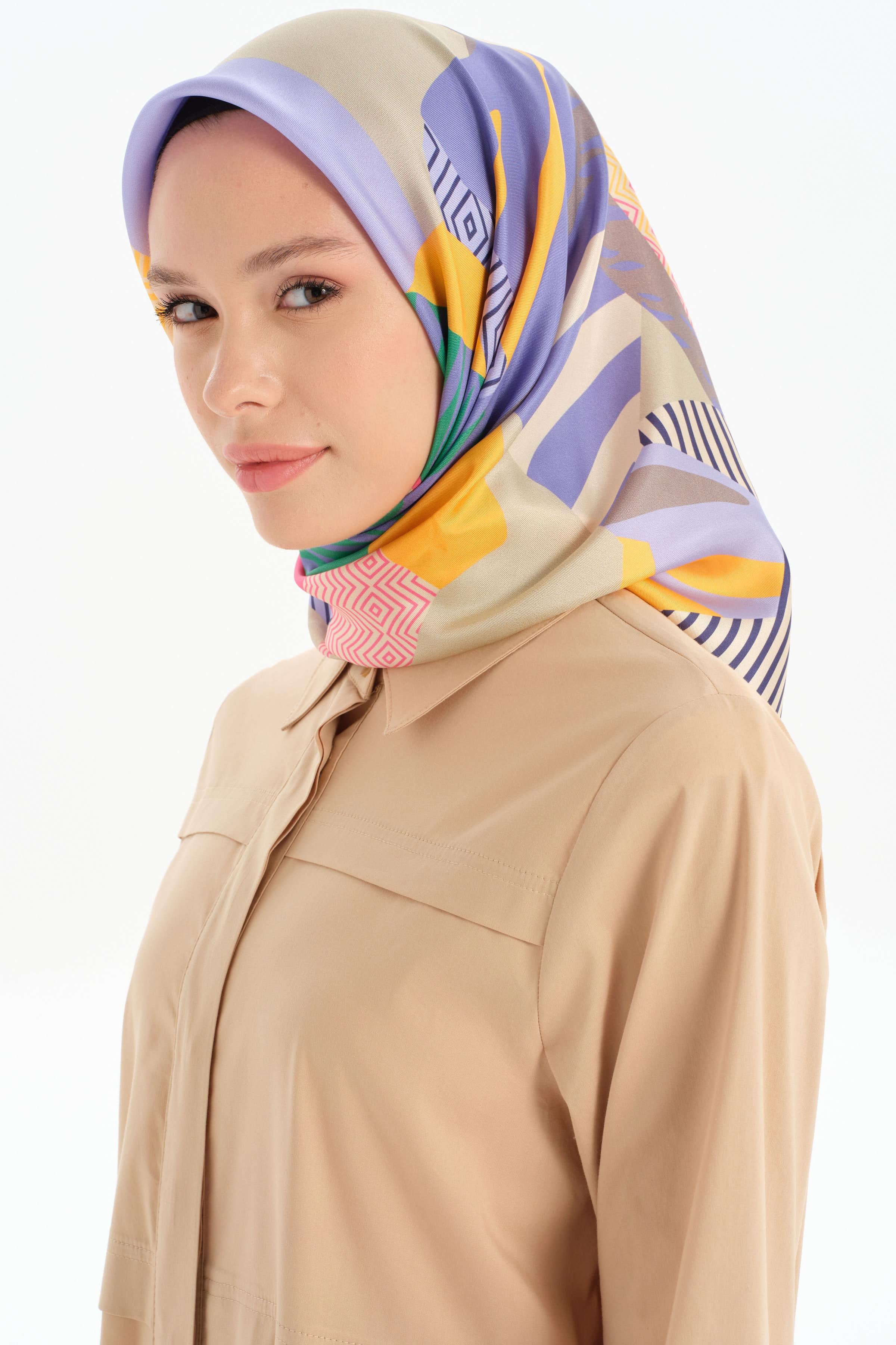 Patchwork Desen Twill İpek Eşarp - Oranj TUGBA