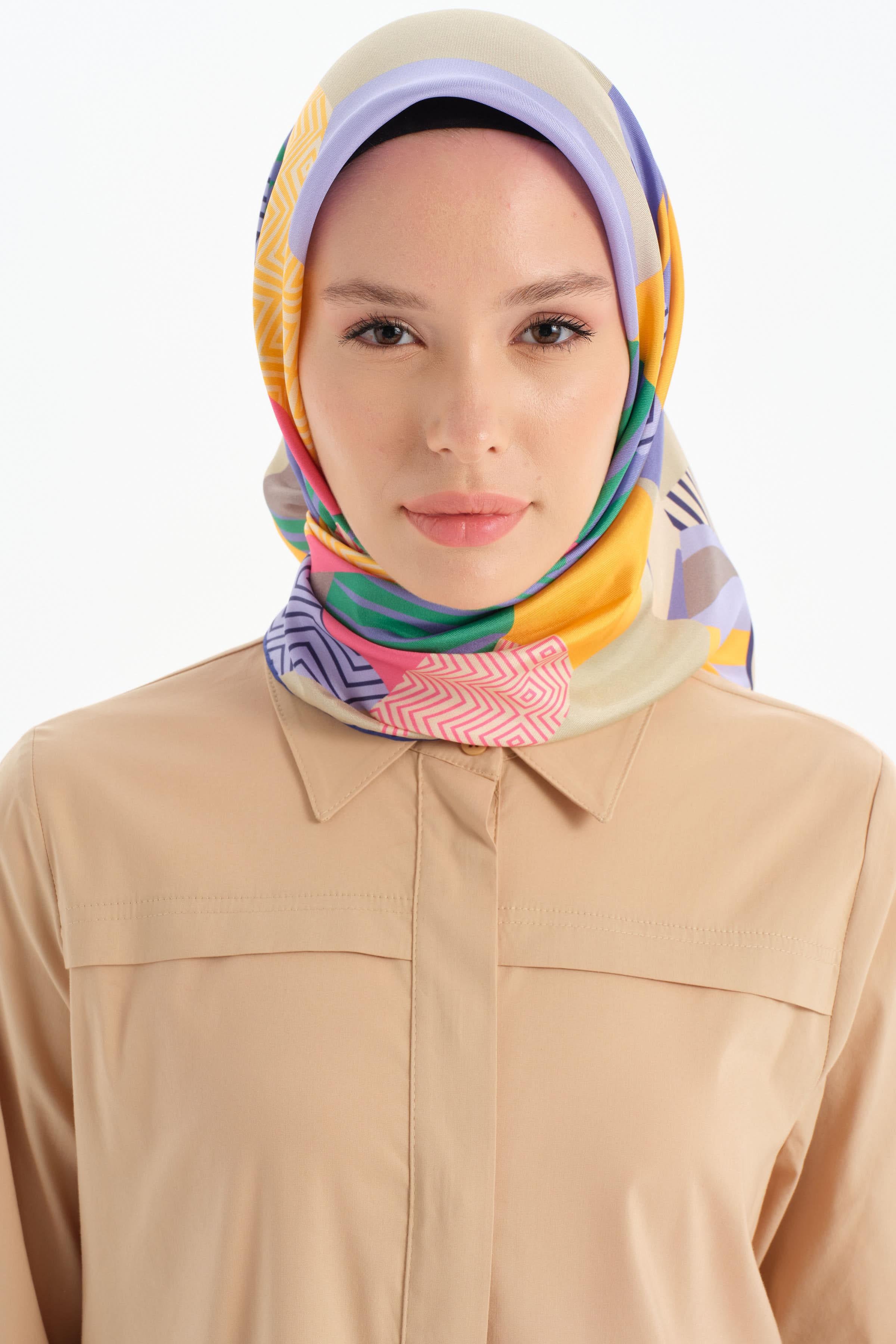 Patchwork Desen Twill İpek Eşarp - Oranj TUGBA