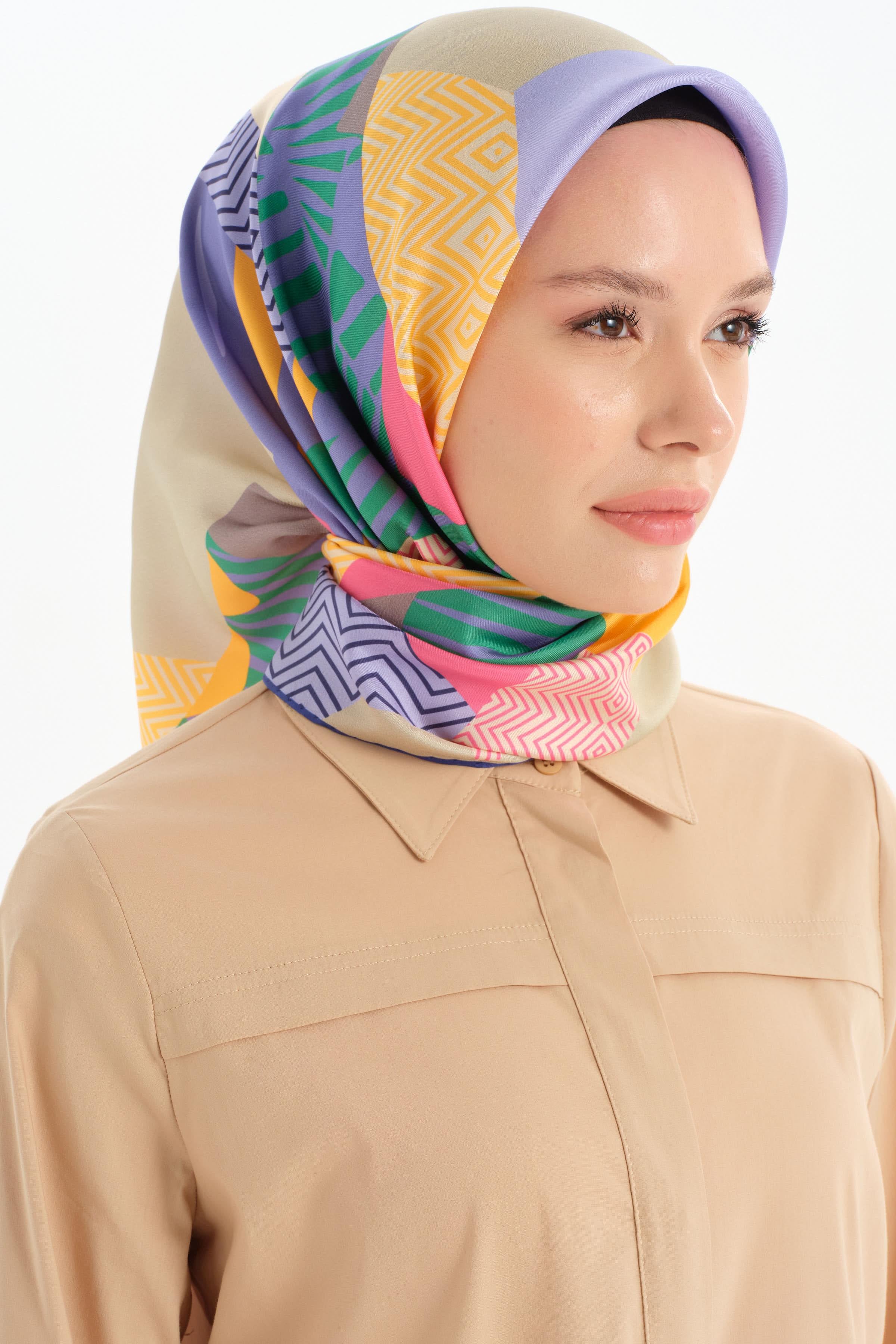 Patchwork Desen Twill İpek Eşarp - Oranj TUGBA