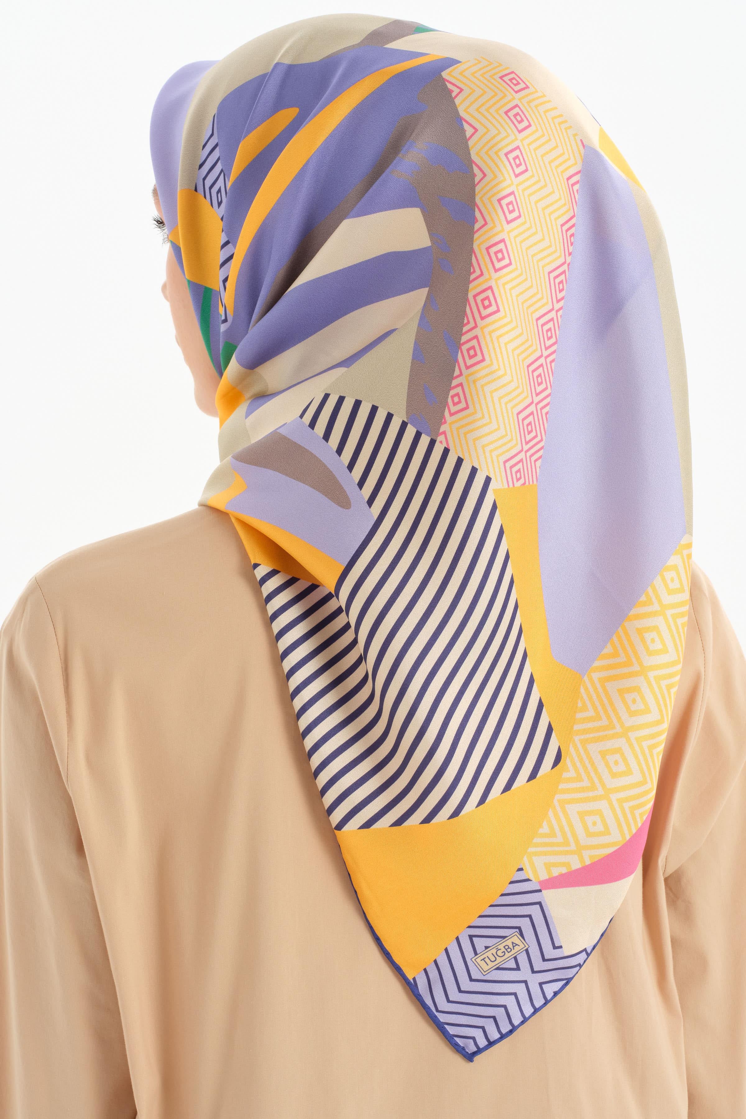 Patchwork Desen Twill İpek Eşarp - Oranj TUGBA