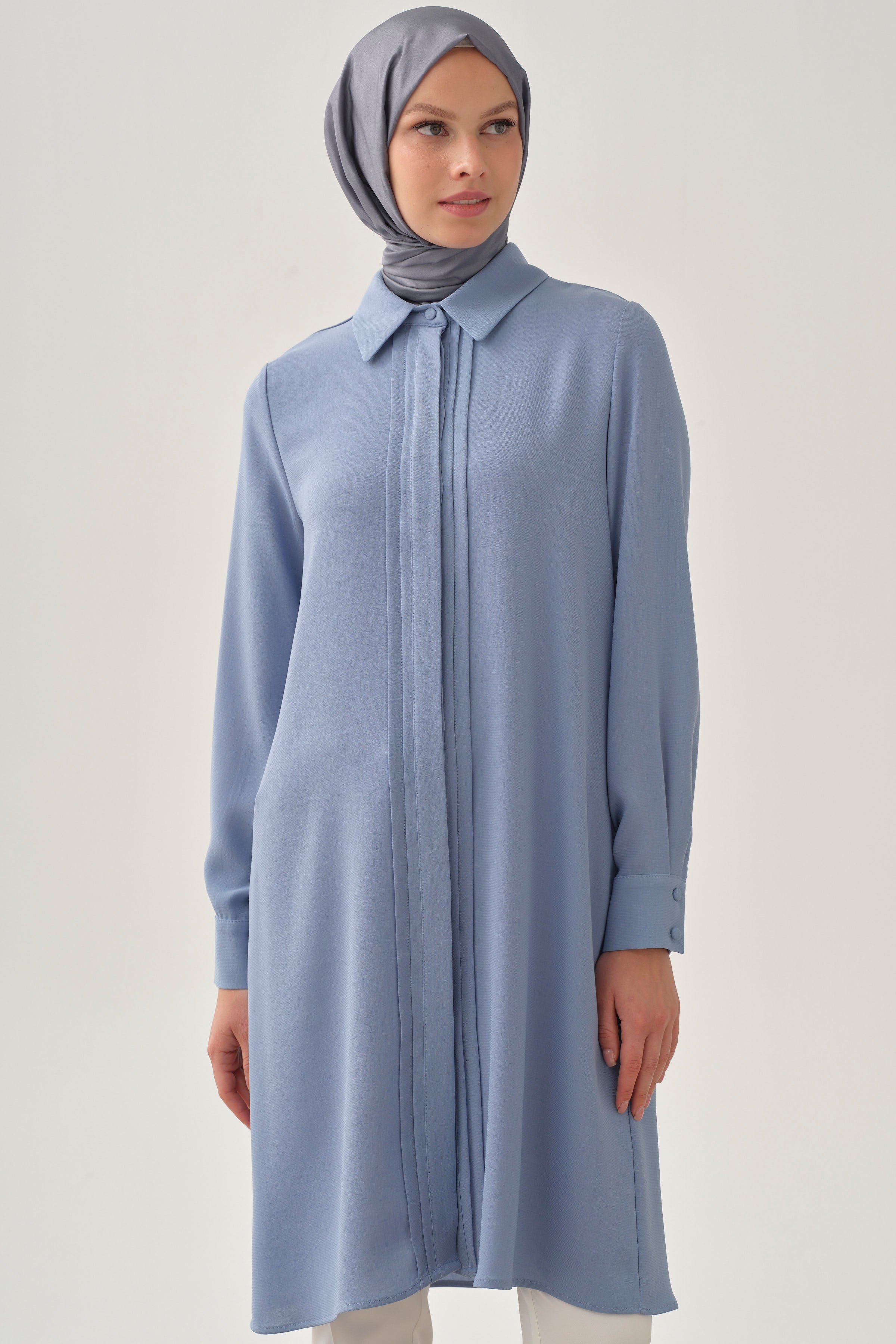 Patı Pile Detaylı Tunik - Açık Mavi TUGBA